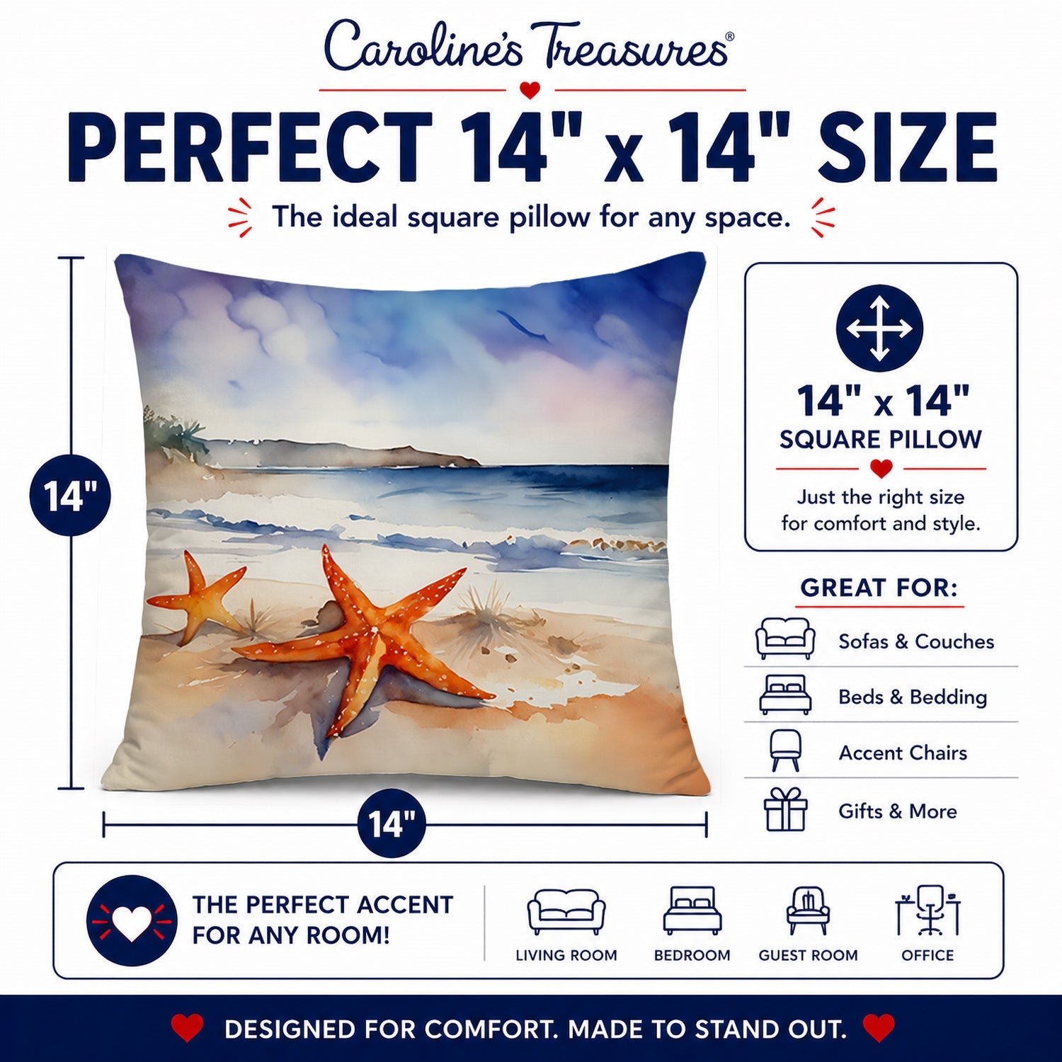 Starfish Decorative Throw Pillow 14x14 Indoor Outdoor Accent Cushion, Fabric Cover with Insert for Sofa, Bed, Porch & Living Room