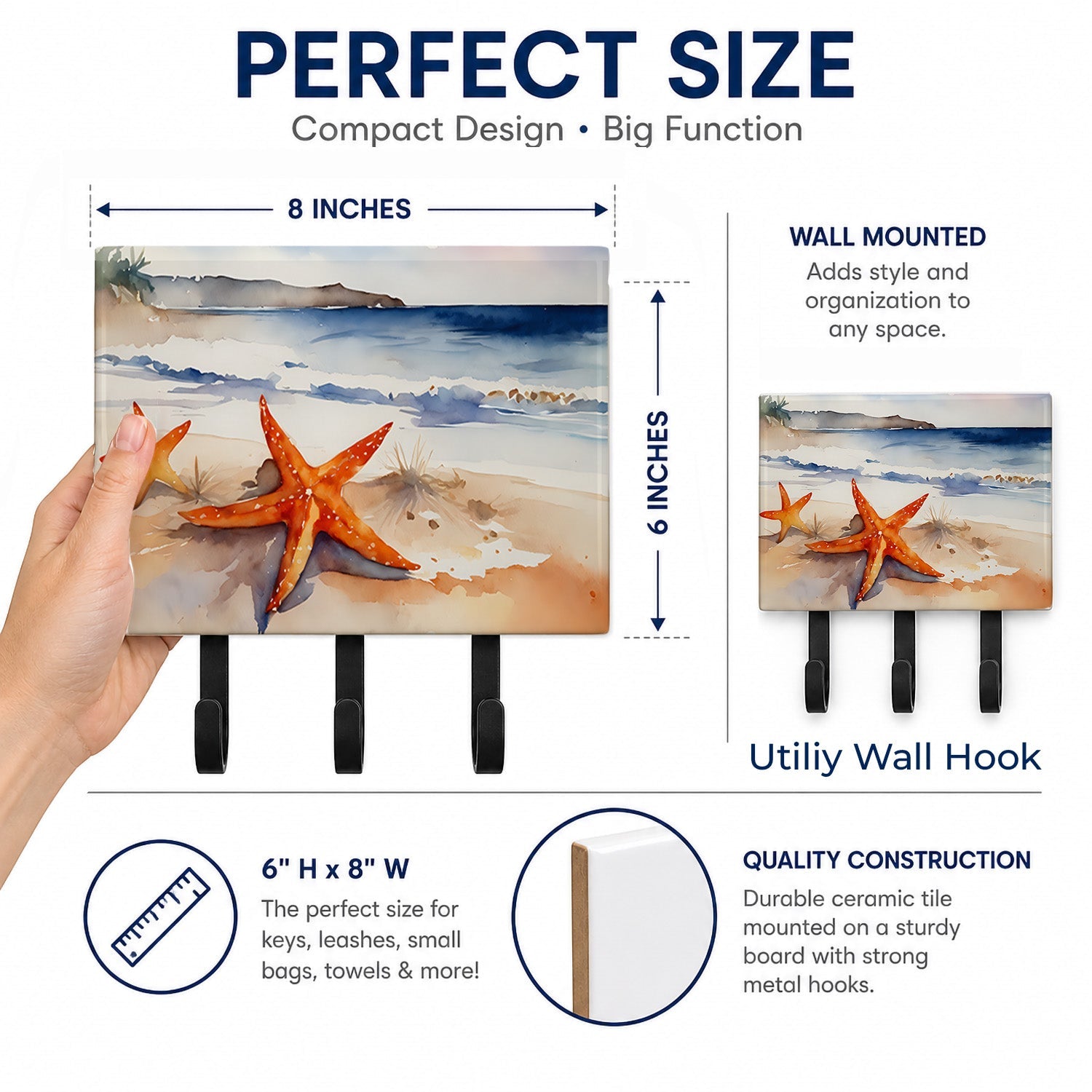Starfish Leash or Key Holder Wall Hooks, Coat Rack Wall Mount, for Hanging Keys, Towels, Aprons, Leashes