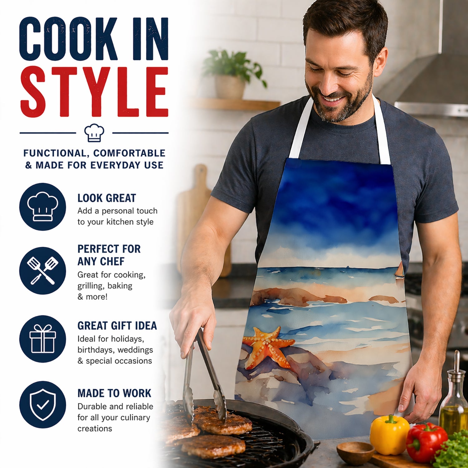 Starfish Apron Cooking Kitchen Server Baking Crafts Gardening for Adult Women Men, Unisex, Large, Multicolor