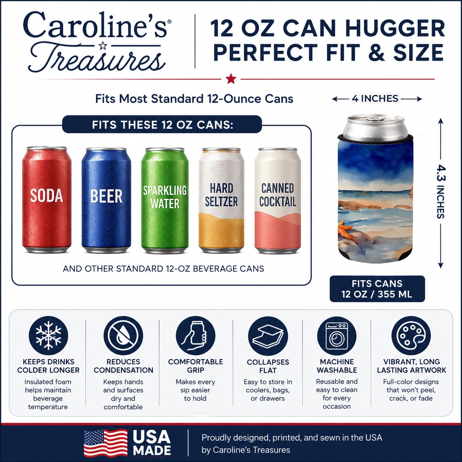 Starfish Can or Bottle Hugger Cooler Sleeve for Standard 12 oz Cans, Insulated Foam Beer & Soda Can Hugger Reusable