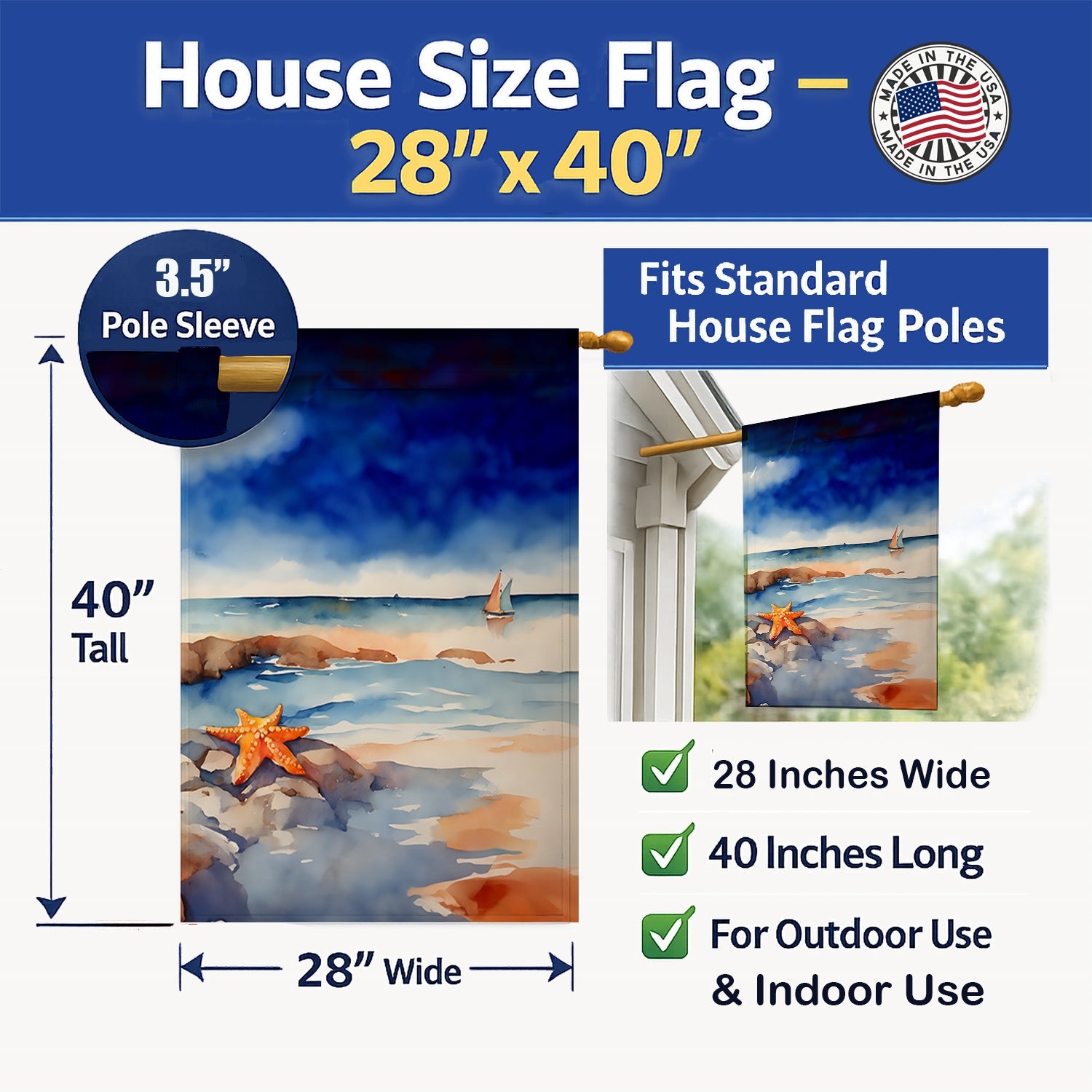 Starfish House Flag 28x40 Porch Sleeve Pole Decorative Outside Yard Banner Artwork Wall Hanging, Polyester