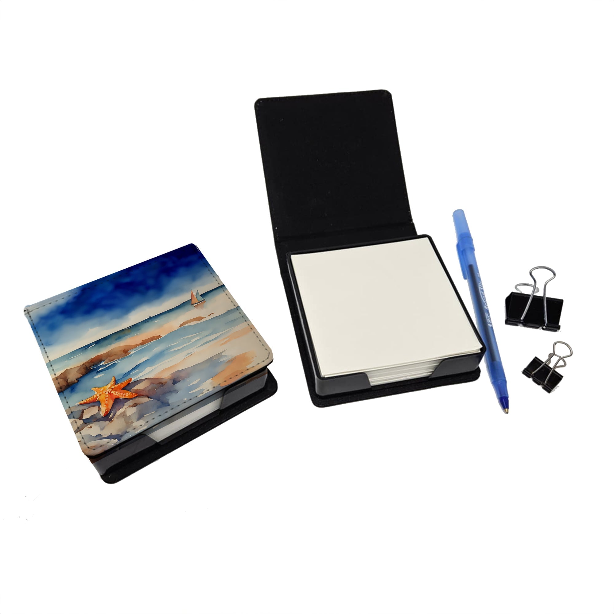 Starfish PU Leather Note Paper Holder with Artist-Designed Cover, Desk Accessory, Office Gift