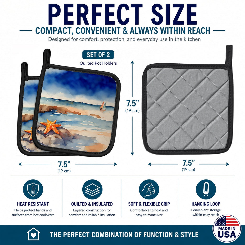 Starfish Pot Holder Set of 2 Heat Resistant Quilted Hot Pads 7.5 x 7.5 Inch, Insulated Kitchen Trivets for Cooking & Baking