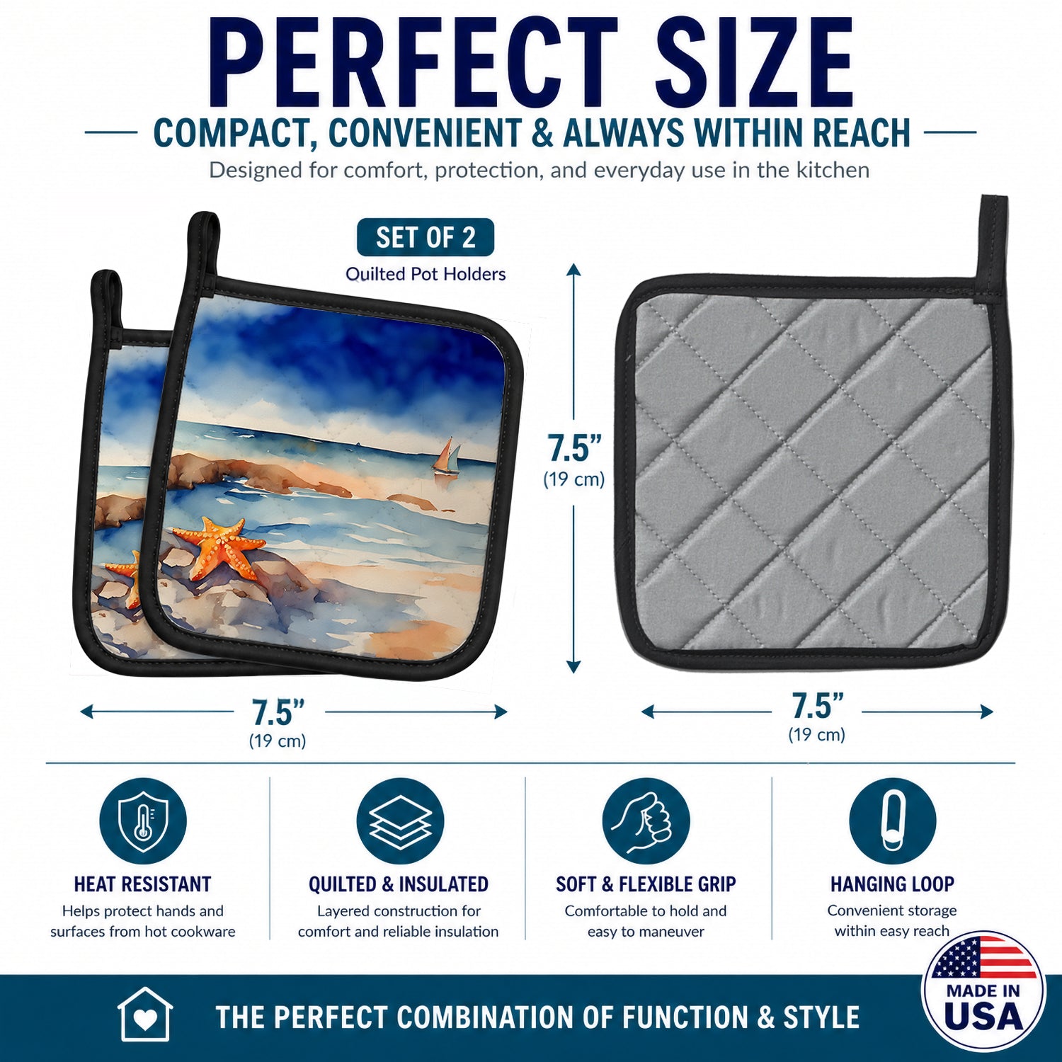 Starfish Pot Holder Set of 2 Heat Resistant Quilted Hot Pads 7.5 x 7.5 Inch, Insulated Kitchen Trivets for Cooking & Baking