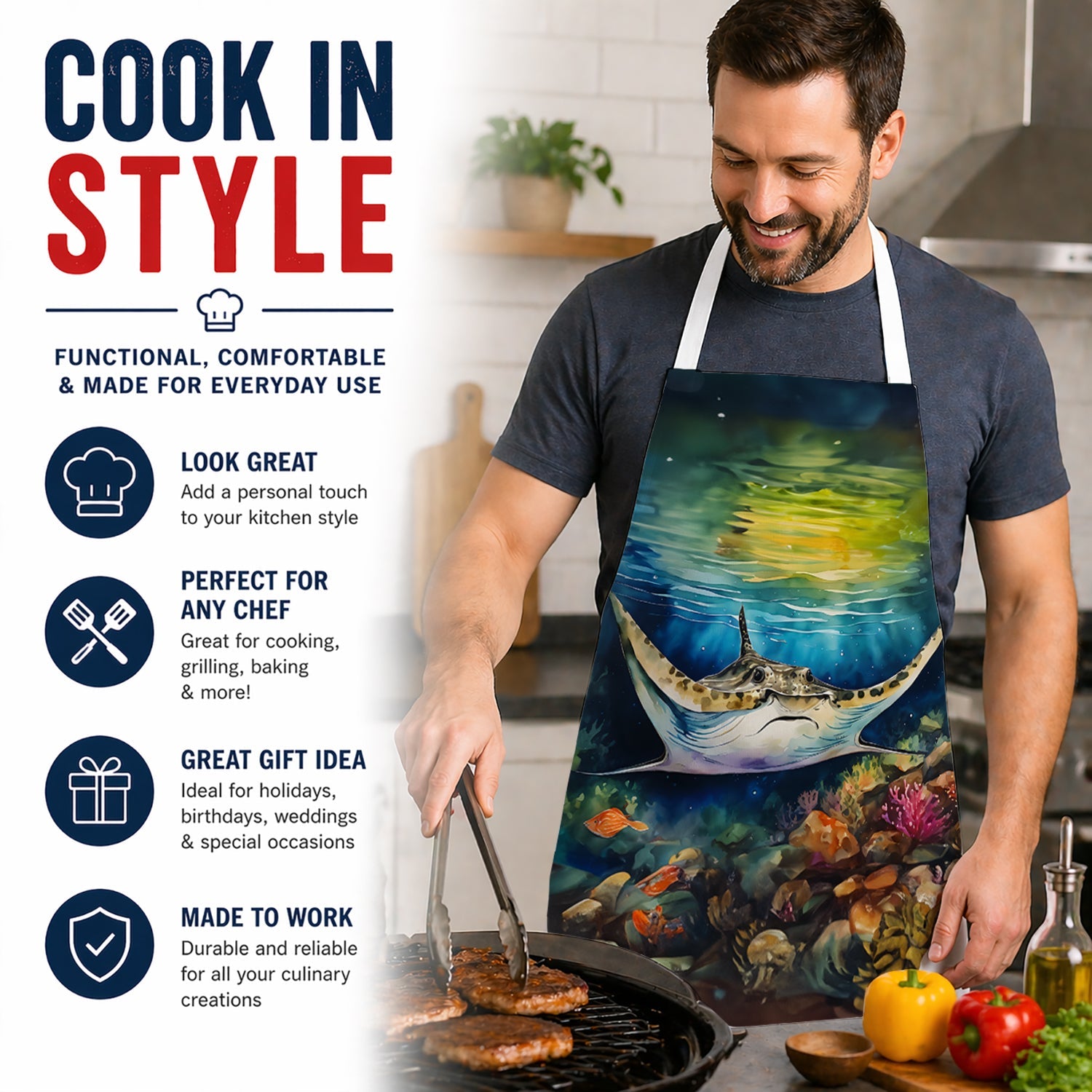 Sting Ray Apron Cooking Kitchen Server Baking Crafts Gardening for Adult Women Men, Unisex, Large, Multicolor