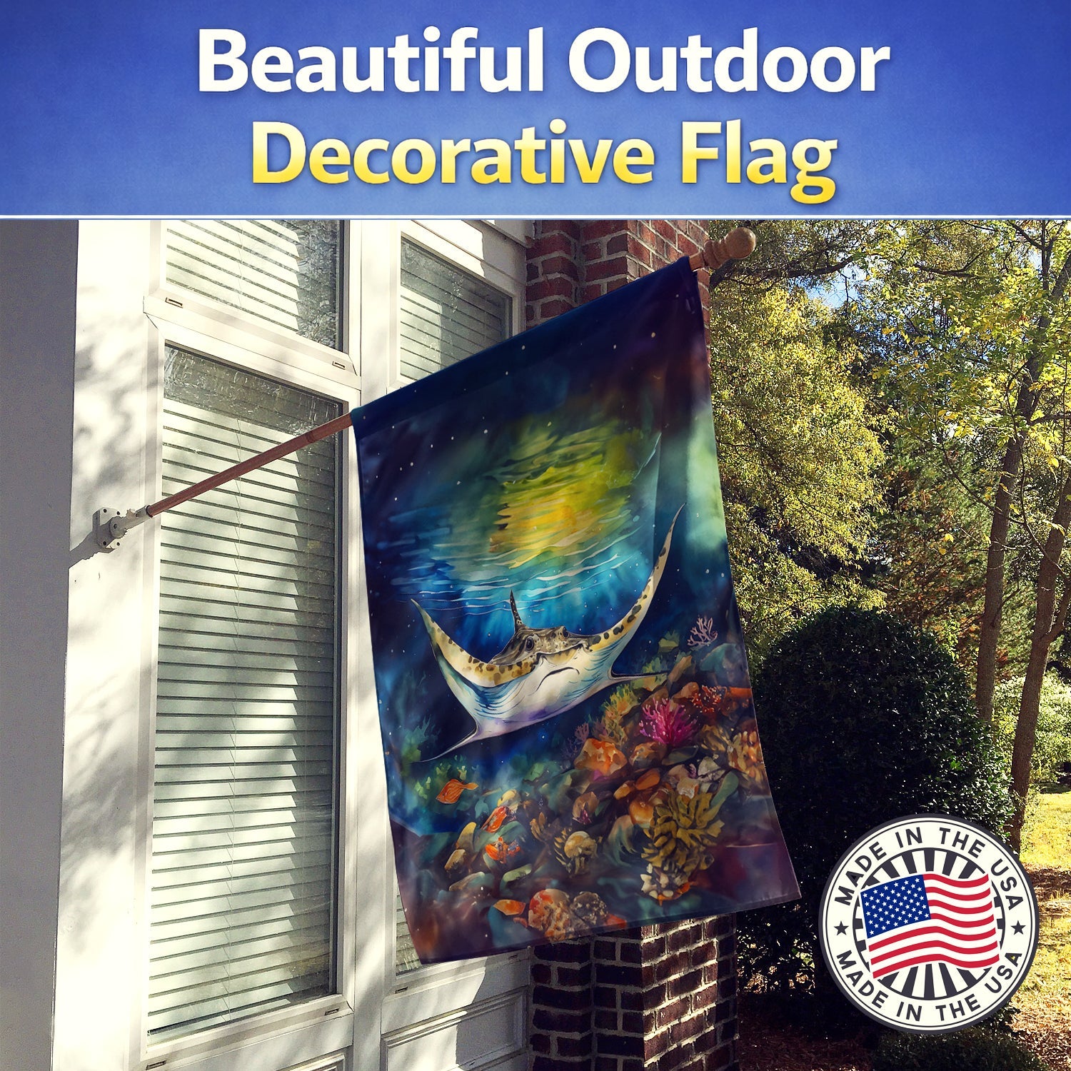 Sting Ray House Flag 28x40 Porch Sleeve Pole Decorative Outside Yard Banner Artwork Wall Hanging, Polyester