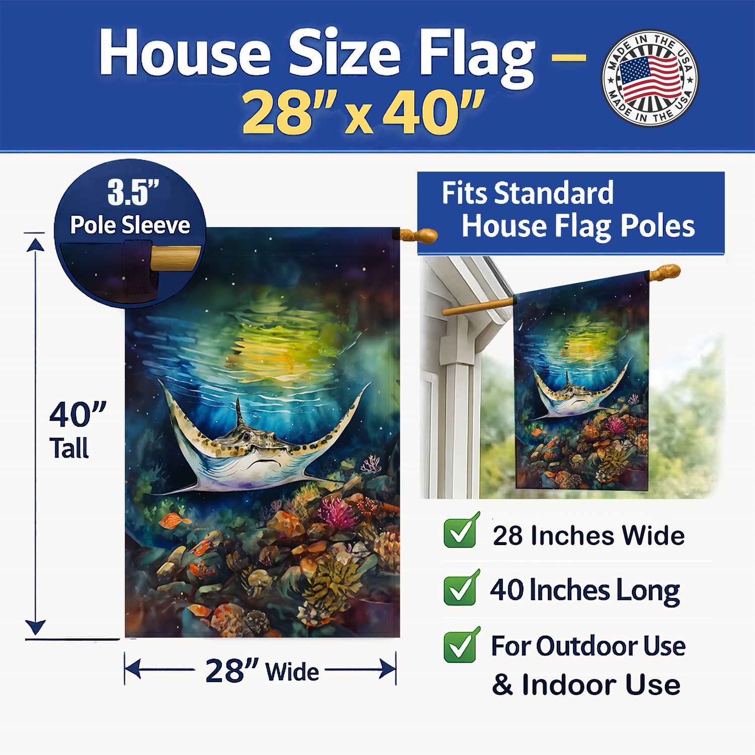 Sting Ray House Flag 28x40 Porch Sleeve Pole Decorative Outside Yard Banner Artwork Wall Hanging, Polyester