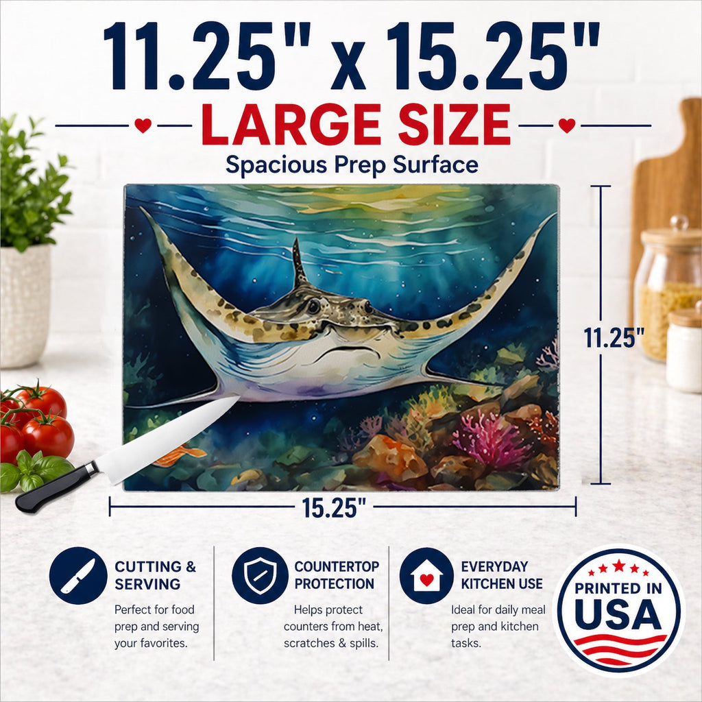 Sting Ray Cutting Board Tempered Glass Kitchen Cutting Surface, Heat Resistant Chopping, Non-Slip Feet, Food Prep & Serving