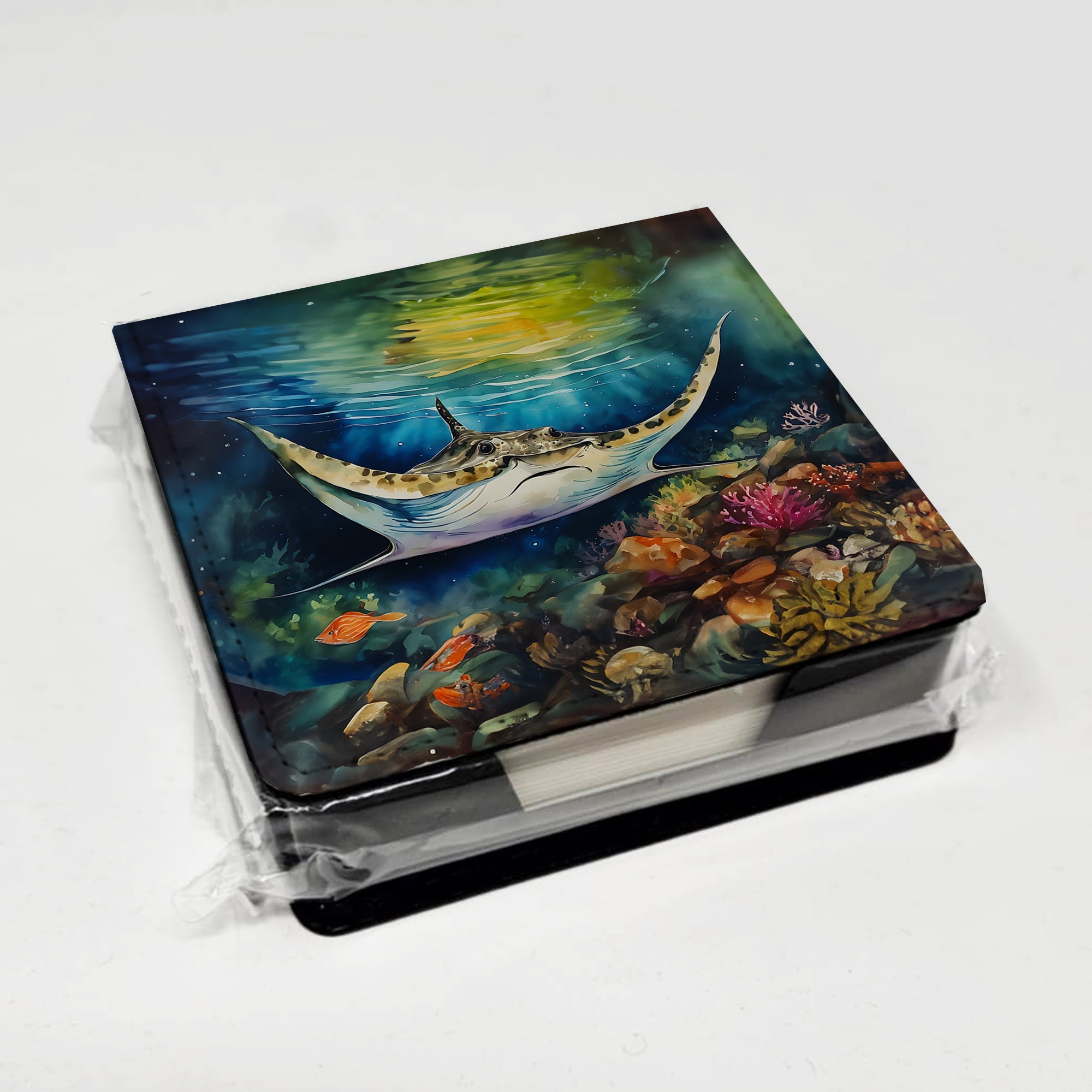 Sting Ray PU Leather Note Paper Holder with Artist-Designed Cover, Desk Accessory, Office Gift