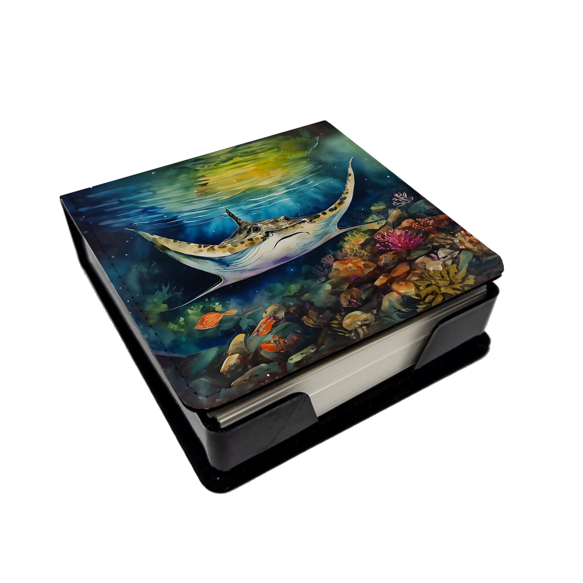 Sting Ray PU Leather Note Paper Holder with Artist-Designed Cover, Desk Accessory, Office Gift