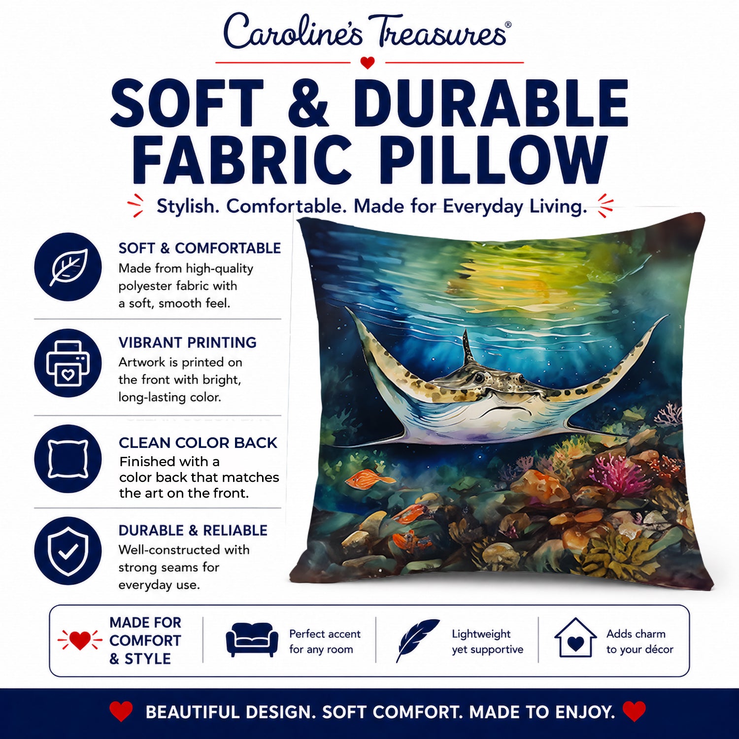Sting Ray Decorative Throw Pillow 14x14 Indoor Outdoor Accent Cushion, Fabric Cover with Insert for Sofa, Bed, Porch & Living Room