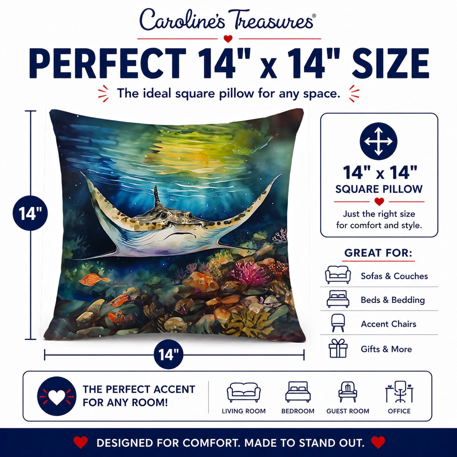 Sting Ray Decorative Throw Pillow 14x14 Indoor Outdoor Accent Cushion, Fabric Cover with Insert for Sofa, Bed, Porch & Living Room
