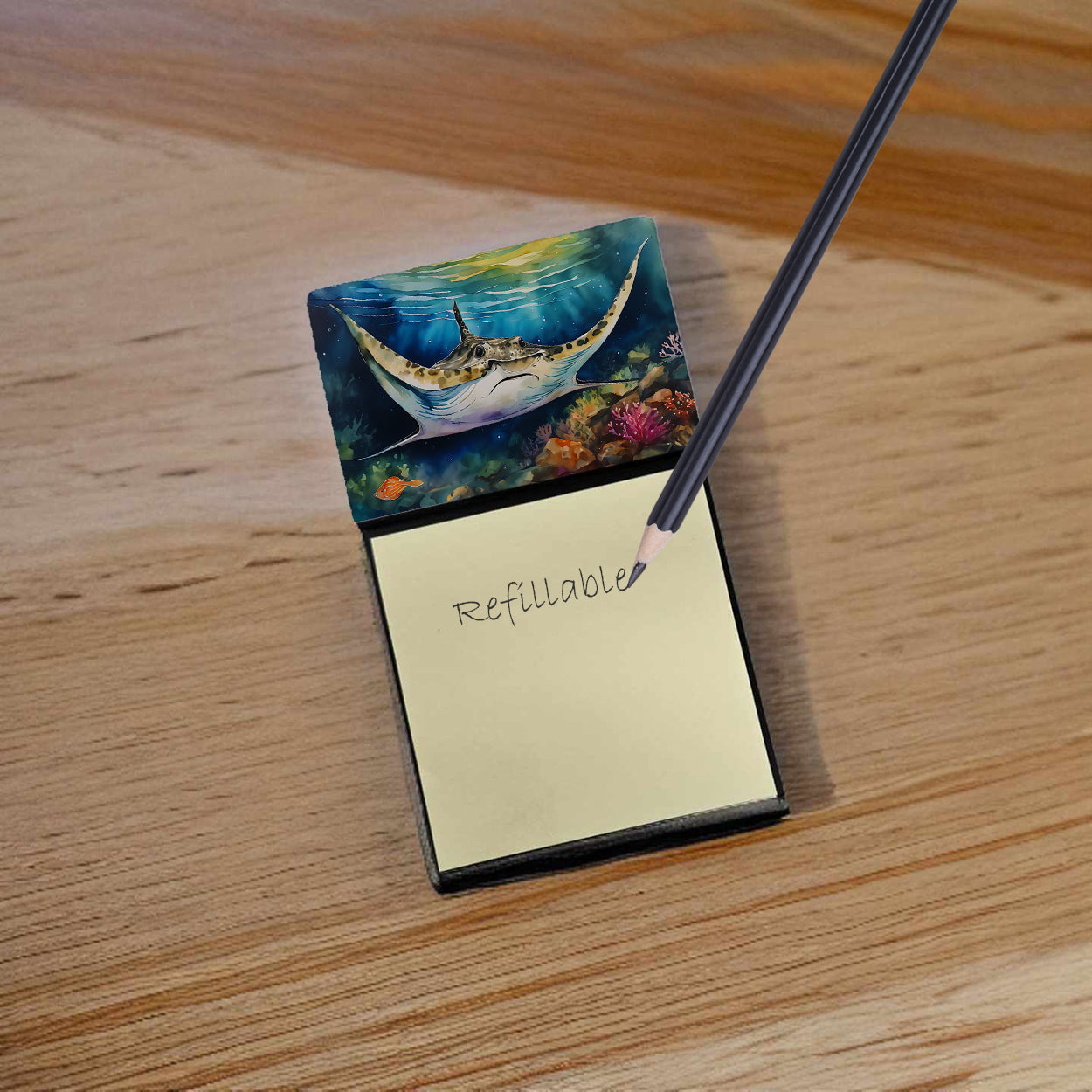 Sting Ray Watercolor Sticky Note Holder Refillable Dispenser Desk Accessory 3x3 Pad Gift