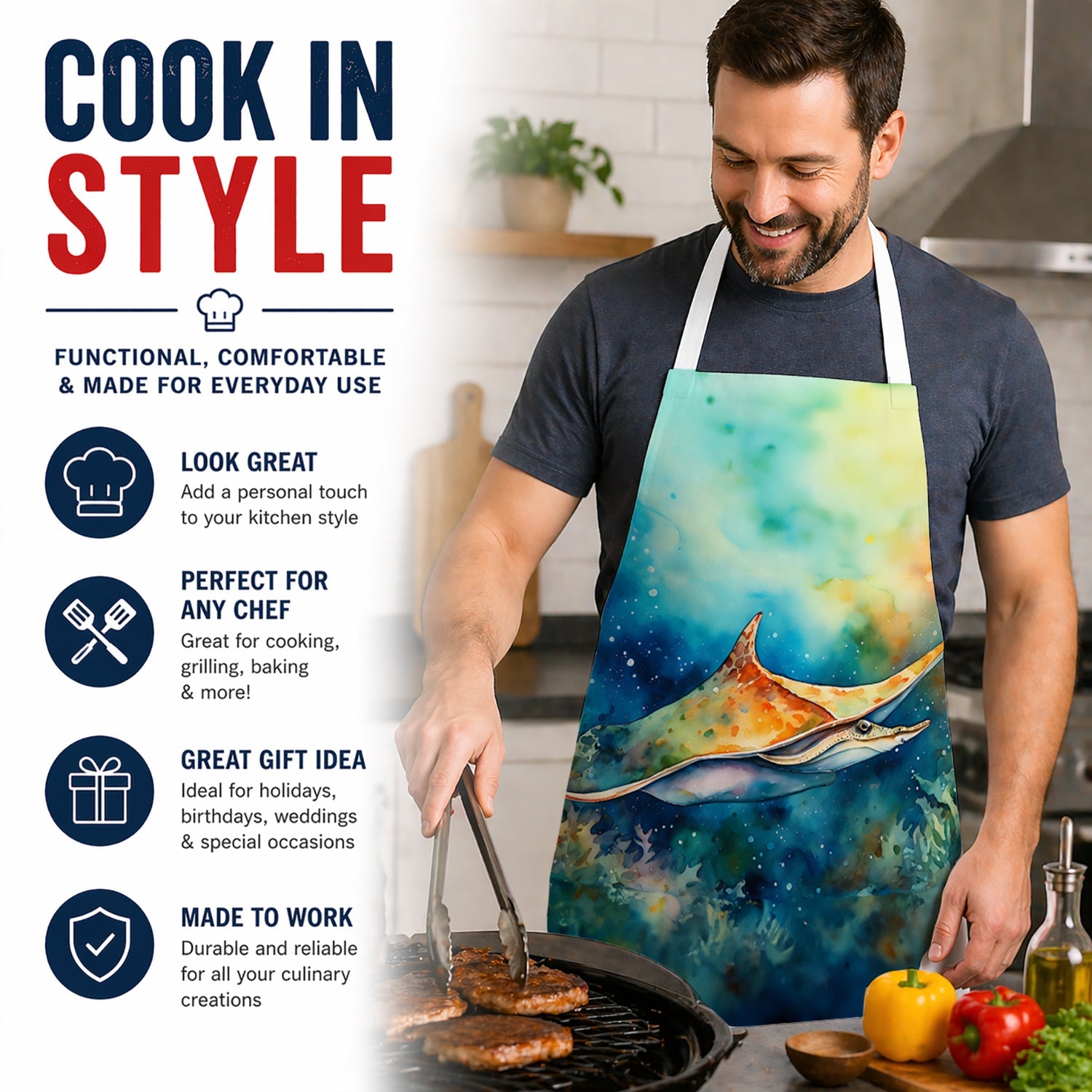 Sting Ray Apron Cooking Kitchen Server Baking Crafts Gardening for Adult Women Men, Unisex, Large, Multicolor