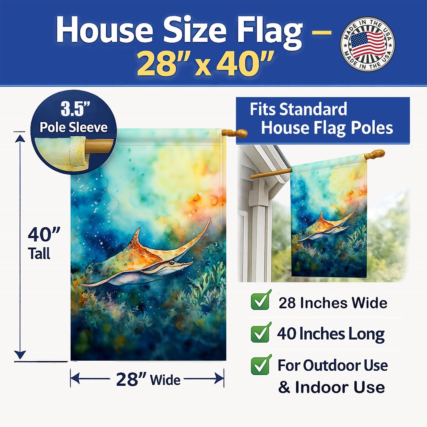 Sting Ray House Flag 28x40 Porch Sleeve Pole Decorative Outside Yard Banner Artwork Wall Hanging, Polyester