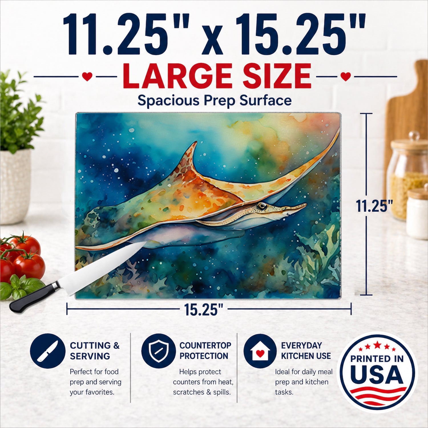 Sting Ray Cutting Board Tempered Glass Kitchen Cutting Surface, Heat Resistant Chopping, Non-Slip Feet, Food Prep & Serving