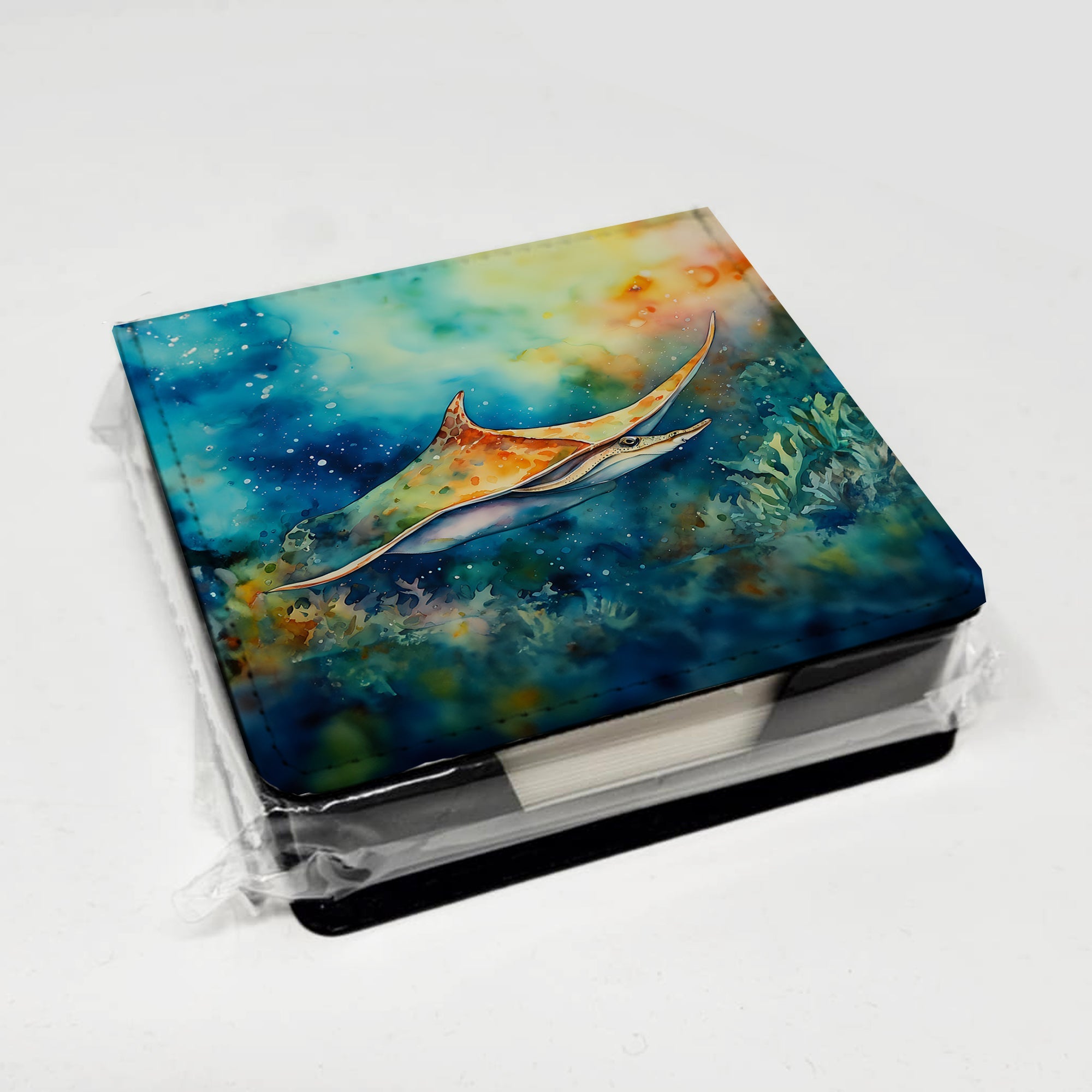 Sting Ray PU Leather Note Paper Holder with Artist-Designed Cover, Desk Accessory, Office Gift