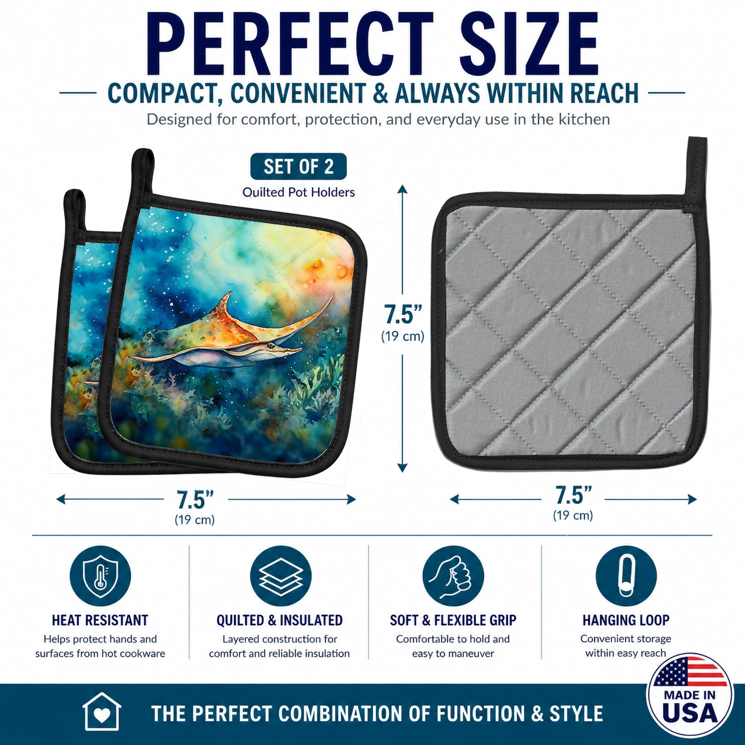 Sting Ray Pot Holder Set of 2 Heat Resistant Quilted Hot Pads 7.5 x 7.5 Inch, Insulated Kitchen Trivets for Cooking & Baking