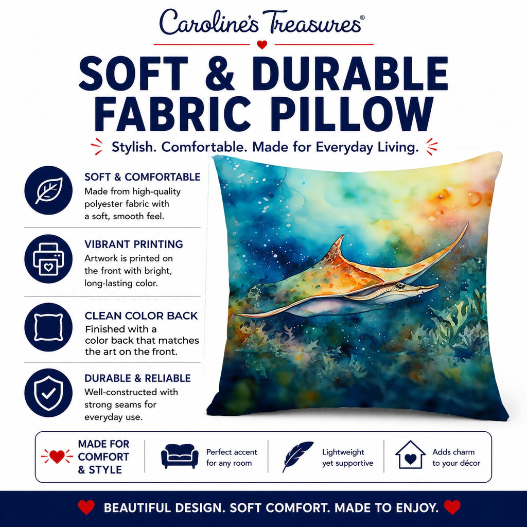 Sting Ray Decorative Throw Pillow 14x14 Indoor Outdoor Accent Cushion, Fabric Cover with Insert for Sofa, Bed, Porch & Living Room