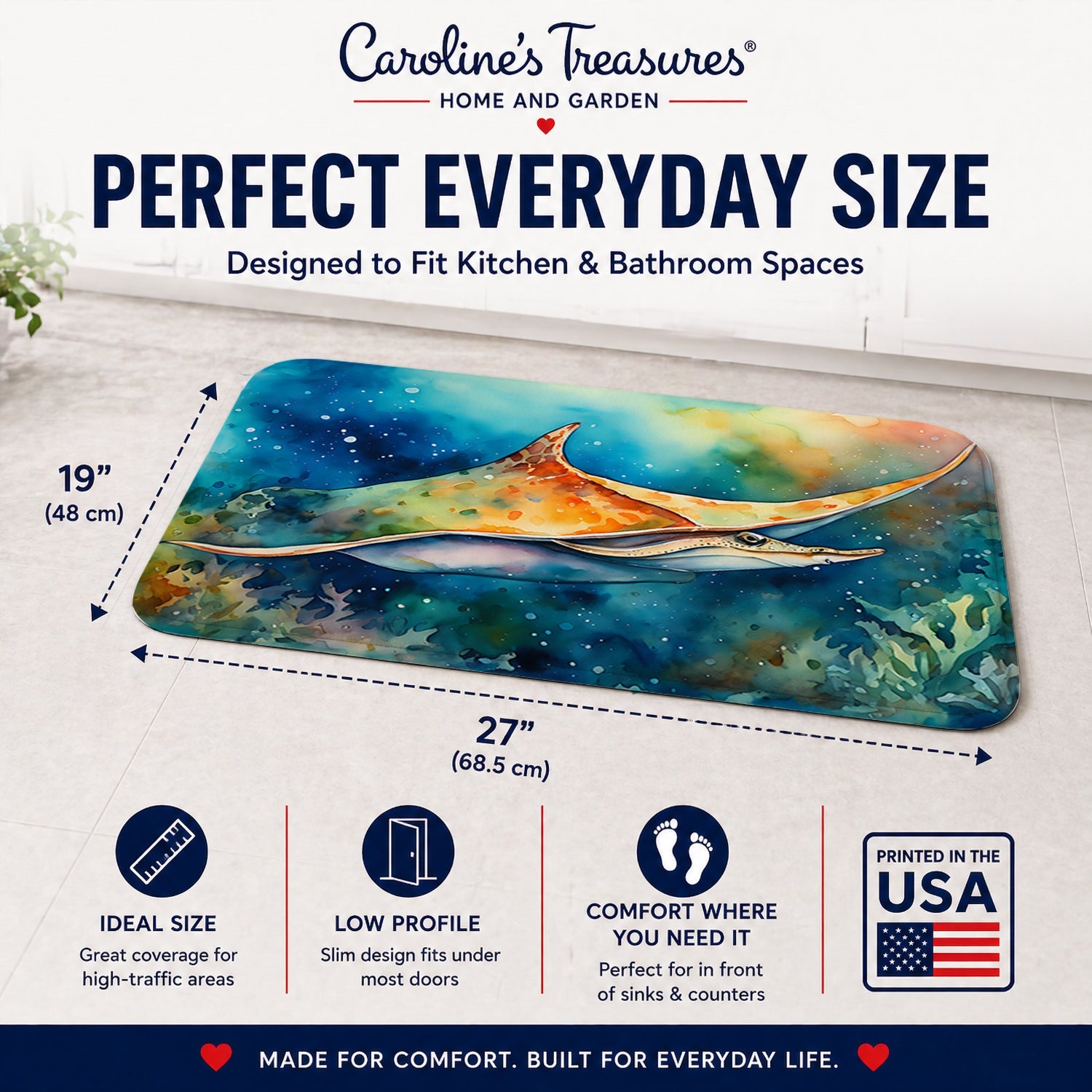 Sting Ray Memory Foam Kitchen Mat Machine Washable Anti-Fatigue Cushion Comfort Bath or Kitchen Rug