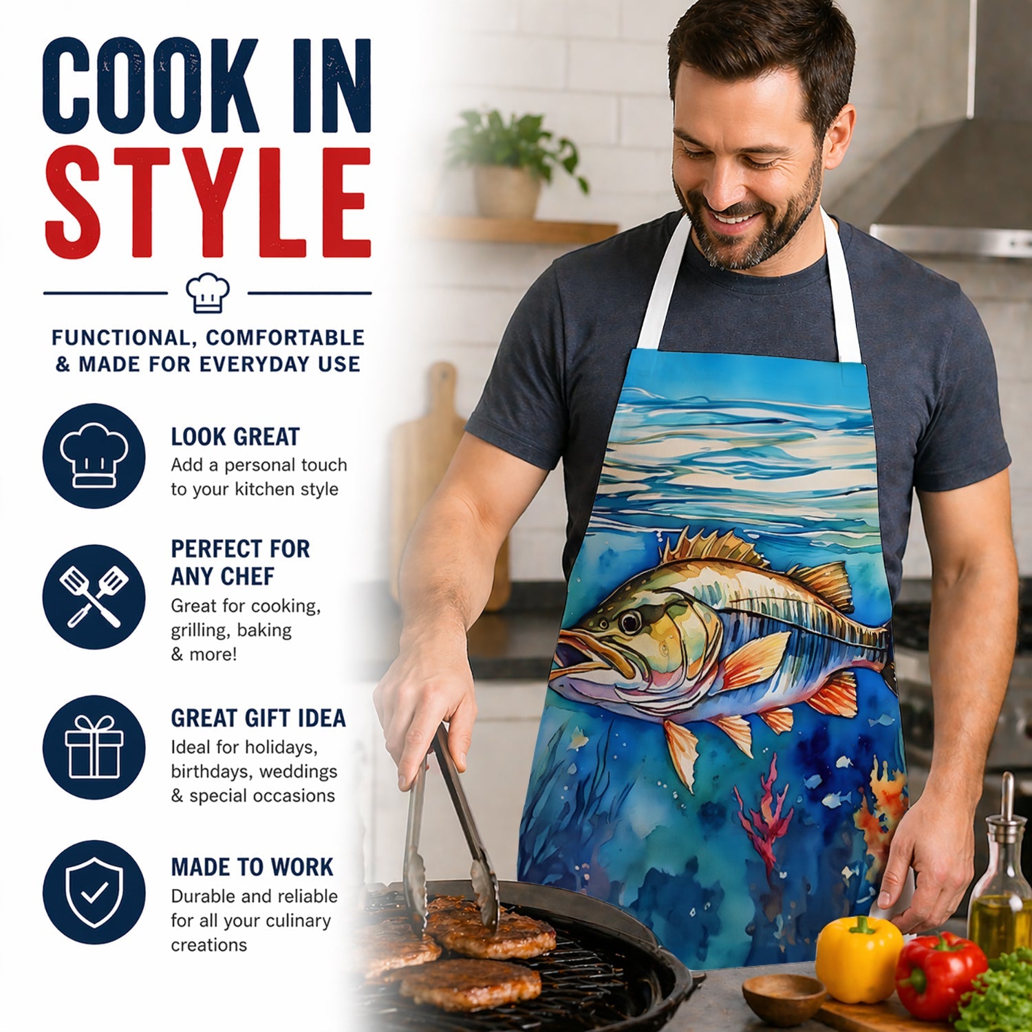 Striped Bass Apron Cooking Kitchen Server Baking Crafts Gardening for Adult Women Men, Unisex, Large, Multicolor