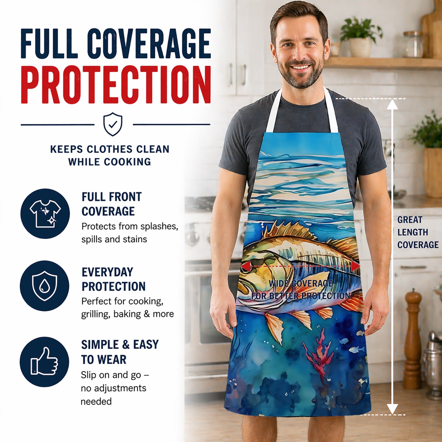 Striped Bass Apron Cooking Kitchen Server Baking Crafts Gardening for Adult Women Men, Unisex, Large, Multicolor