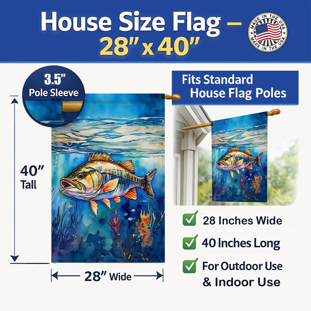 Striped Bass House Flag 28x40 Porch Sleeve Pole Decorative Outside Yard Banner Artwork Wall Hanging, Polyester