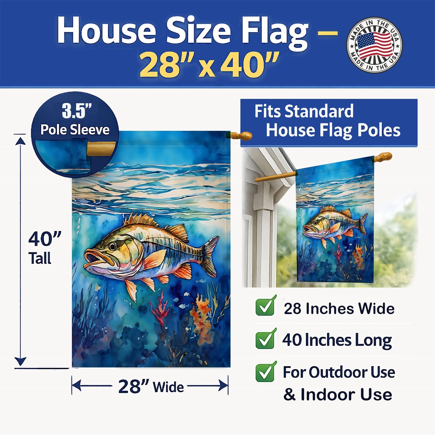 Striped Bass House Flag 28x40 Porch Sleeve Pole Decorative Outside Yard Banner Artwork Wall Hanging, Polyester