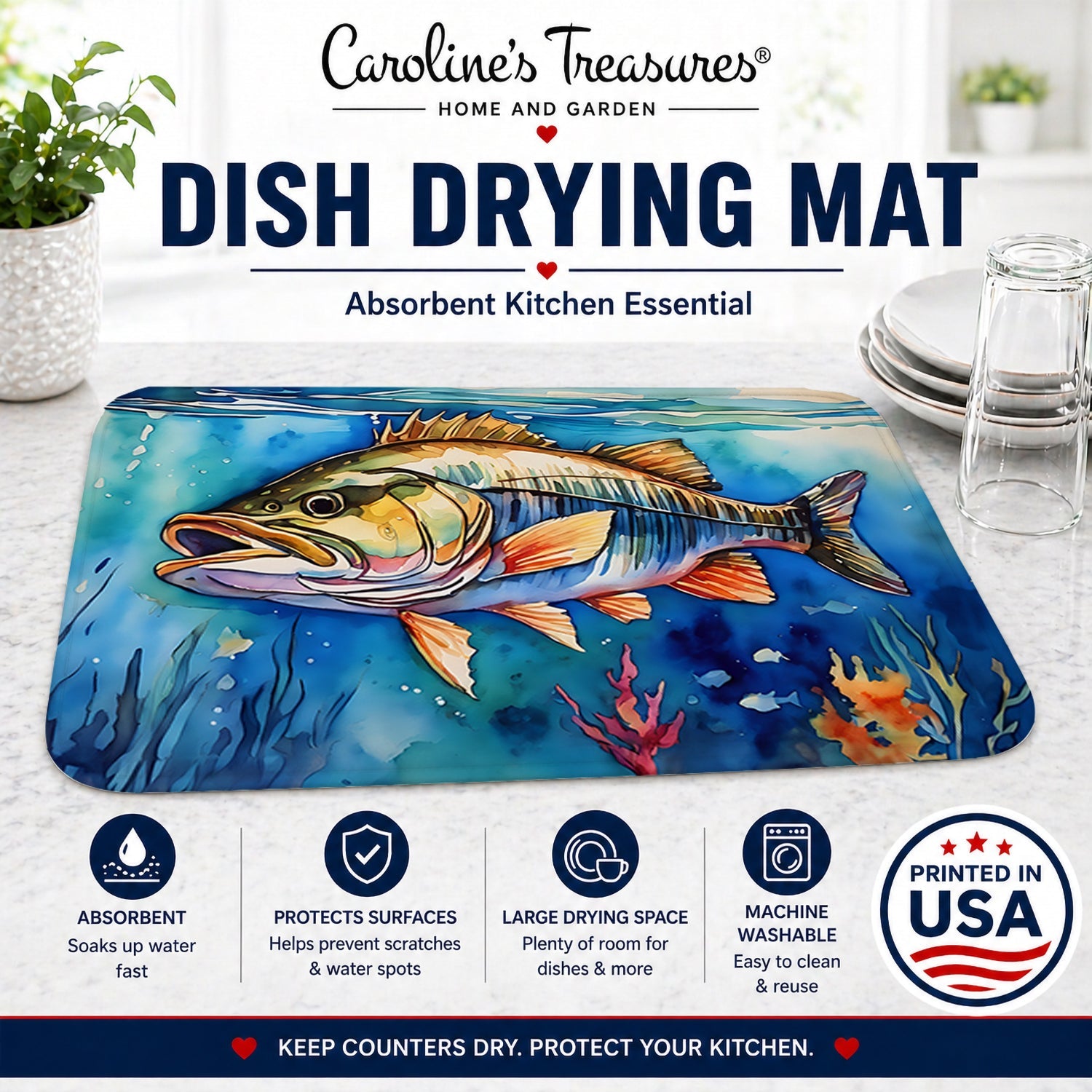 Striped Bass Dish Drying Mat Absorbent Dish Drying Mat Pad for Kitchen Counter Dish Drainer Mat for Countertop, 14 x 21", Multicolor
