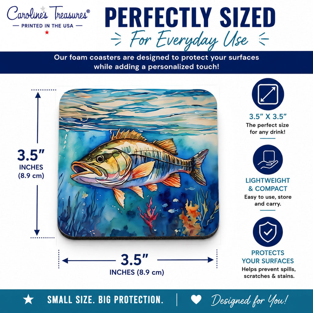 Striped Bass Foam Coasters Set of 4 Cup Coasters for Indoor Outdoor, Tabletop Protection, Anti Slip, Mouse pad Material