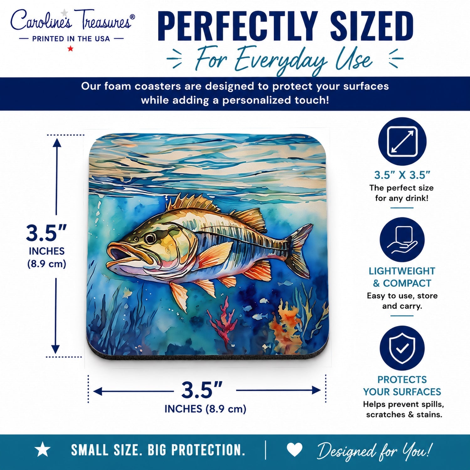 Striped Bass Foam Coasters Set of 4 Cup Coasters for Indoor Outdoor, Tabletop Protection, Anti Slip, Mouse pad Material