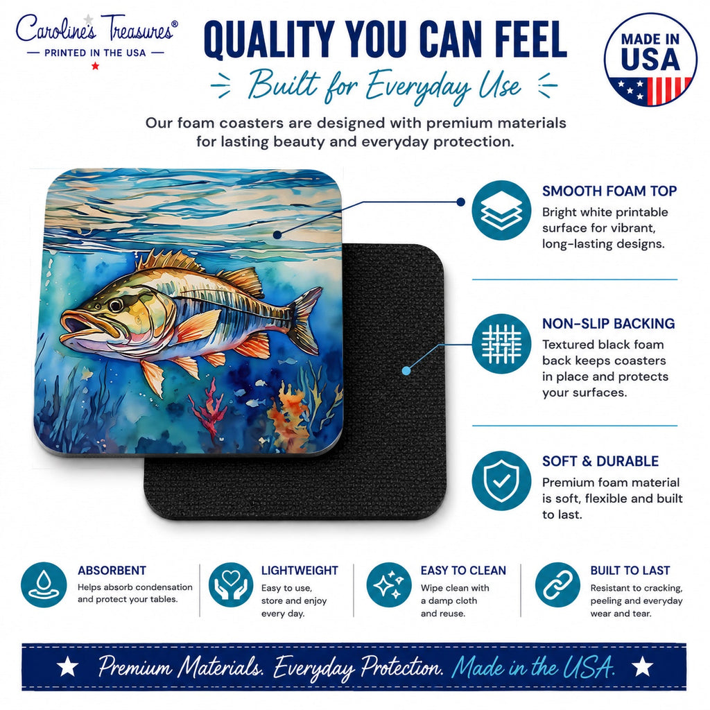 Striped Bass Foam Coasters Set of 4 Cup Coasters for Indoor Outdoor, Tabletop Protection, Anti Slip, Mouse pad Material
