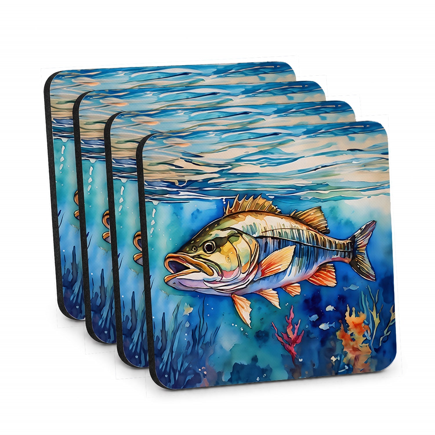 Striped Bass Foam Coasters Set of 4 Cup Coasters for Indoor Outdoor, Tabletop Protection, Anti Slip, Mouse pad Material