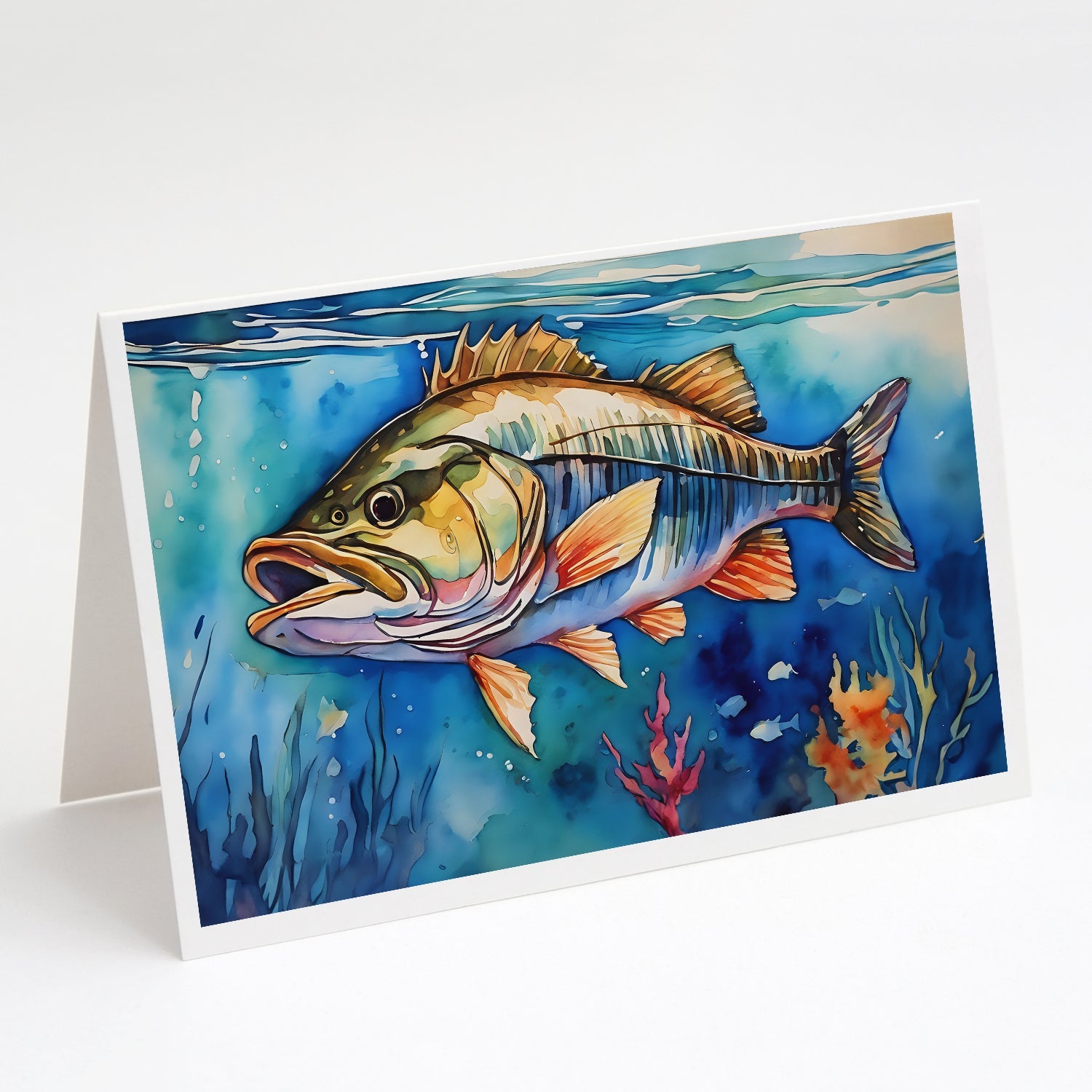 Striped Bass Greeting Cards Pack of 8 Blank Cards with Envelopes Whimsical A7 Size 5x7