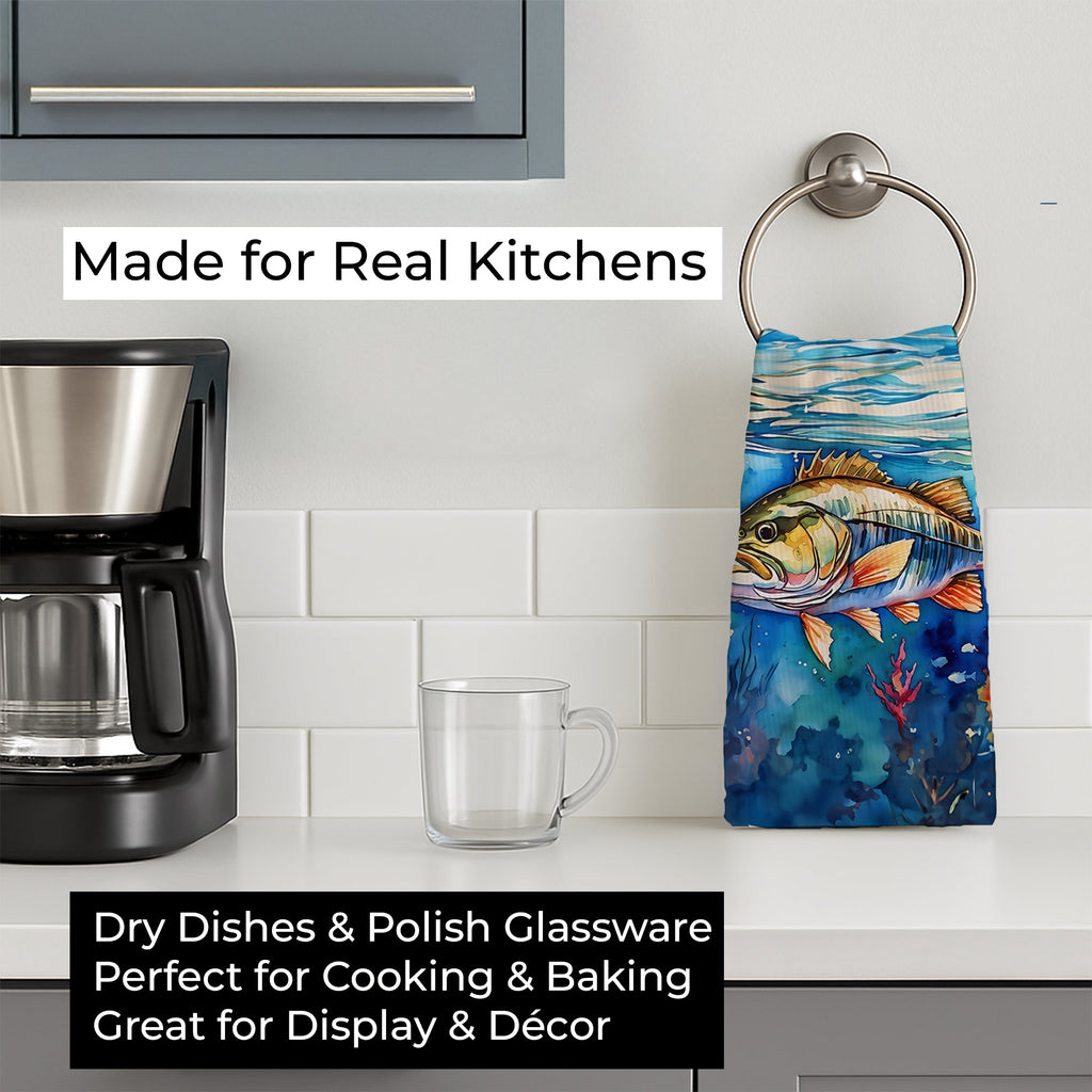 Striped Bass Kitchen Towel Velour Plush Front and Cotton Loop Back Machine Washable