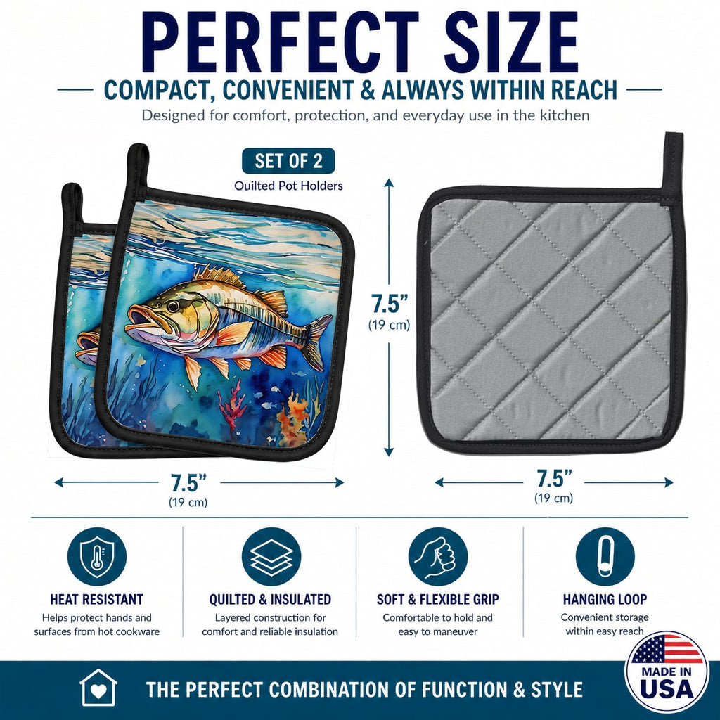 Striped Bass Pot Holder Set of 2 Heat Resistant Quilted Hot Pads 7.5 x 7.5 Inch, Insulated Kitchen Trivets for Cooking & Baking