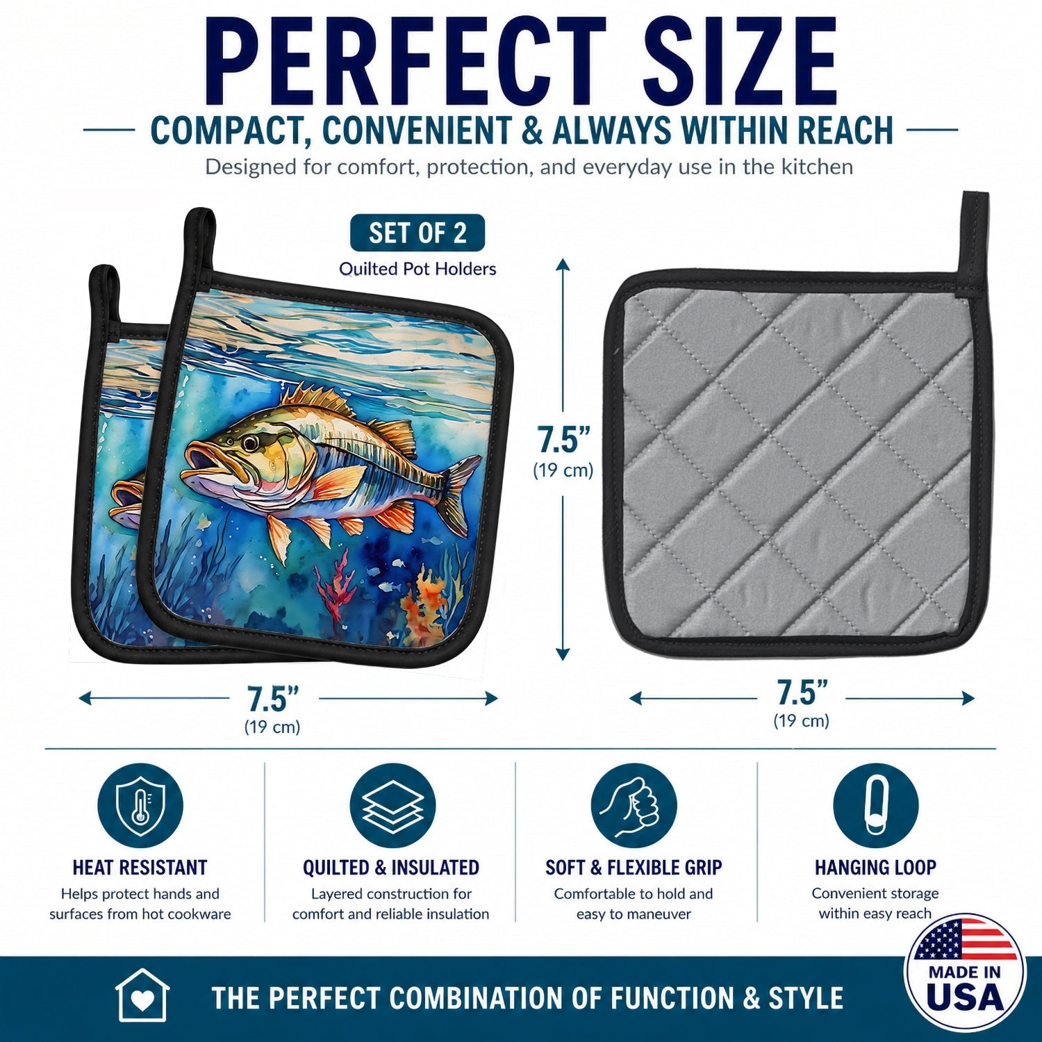 Striped Bass Pot Holder Set of 2 Heat Resistant Quilted Hot Pads 7.5 x 7.5 Inch, Insulated Kitchen Trivets for Cooking & Baking