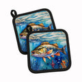 Striped Bass Pot Holder Set of 2 Heat Resistant Quilted Hot Pads 7.5 x 7.5 Inch, Insulated Kitchen Trivets for Cooking & Baking