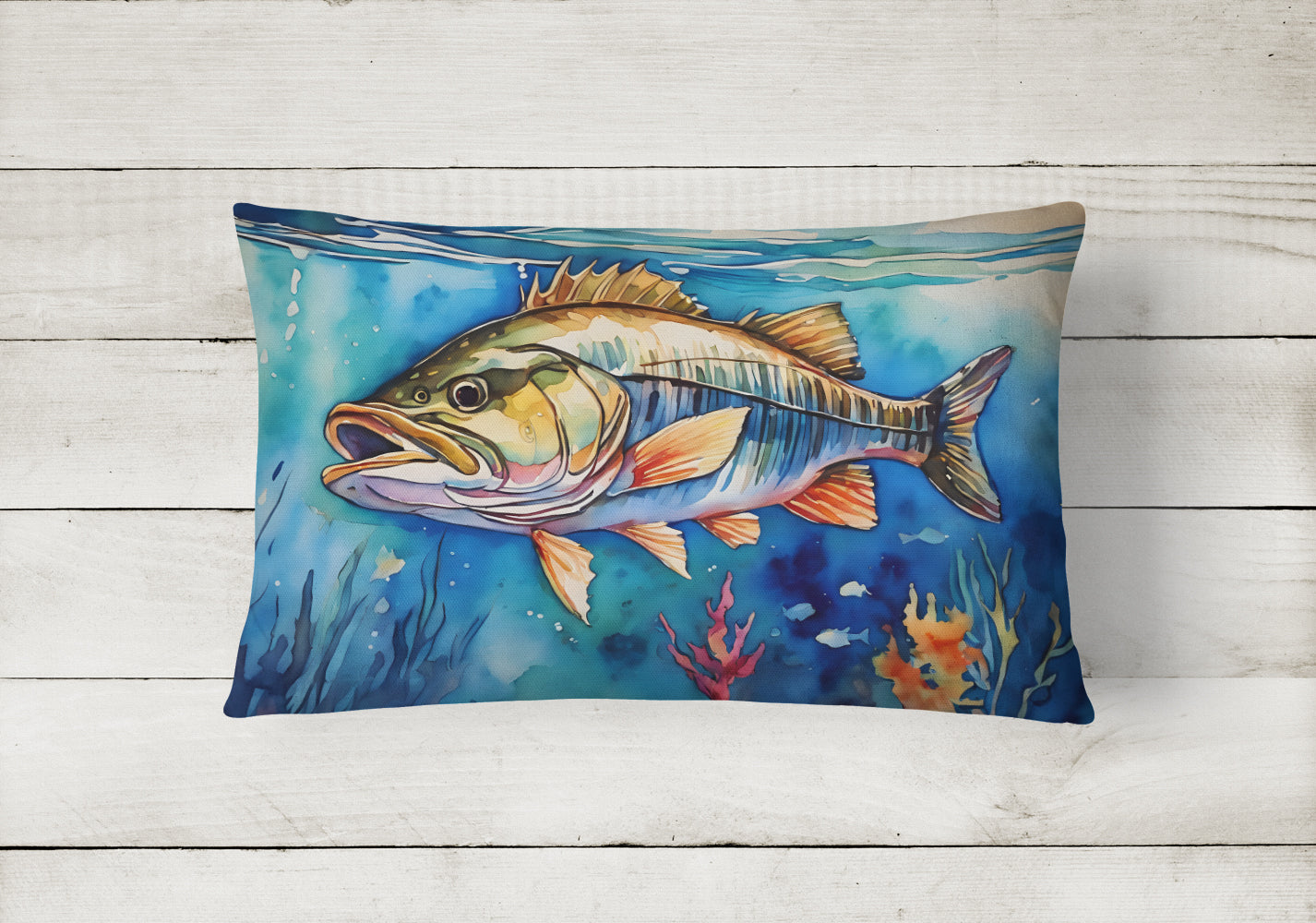 Striped Bass Decorative Throw Pillow 12x16 Indoor Outdoor Accent Cushion, Fabric Cover with Insert for Sofa, Bed, Porch & Living Room