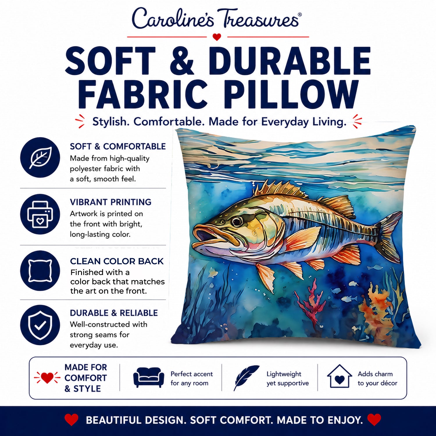 Striped Bass Decorative Throw Pillow 14x14 Indoor Outdoor Accent Cushion, Fabric Cover with Insert for Sofa, Bed, Porch & Living Room