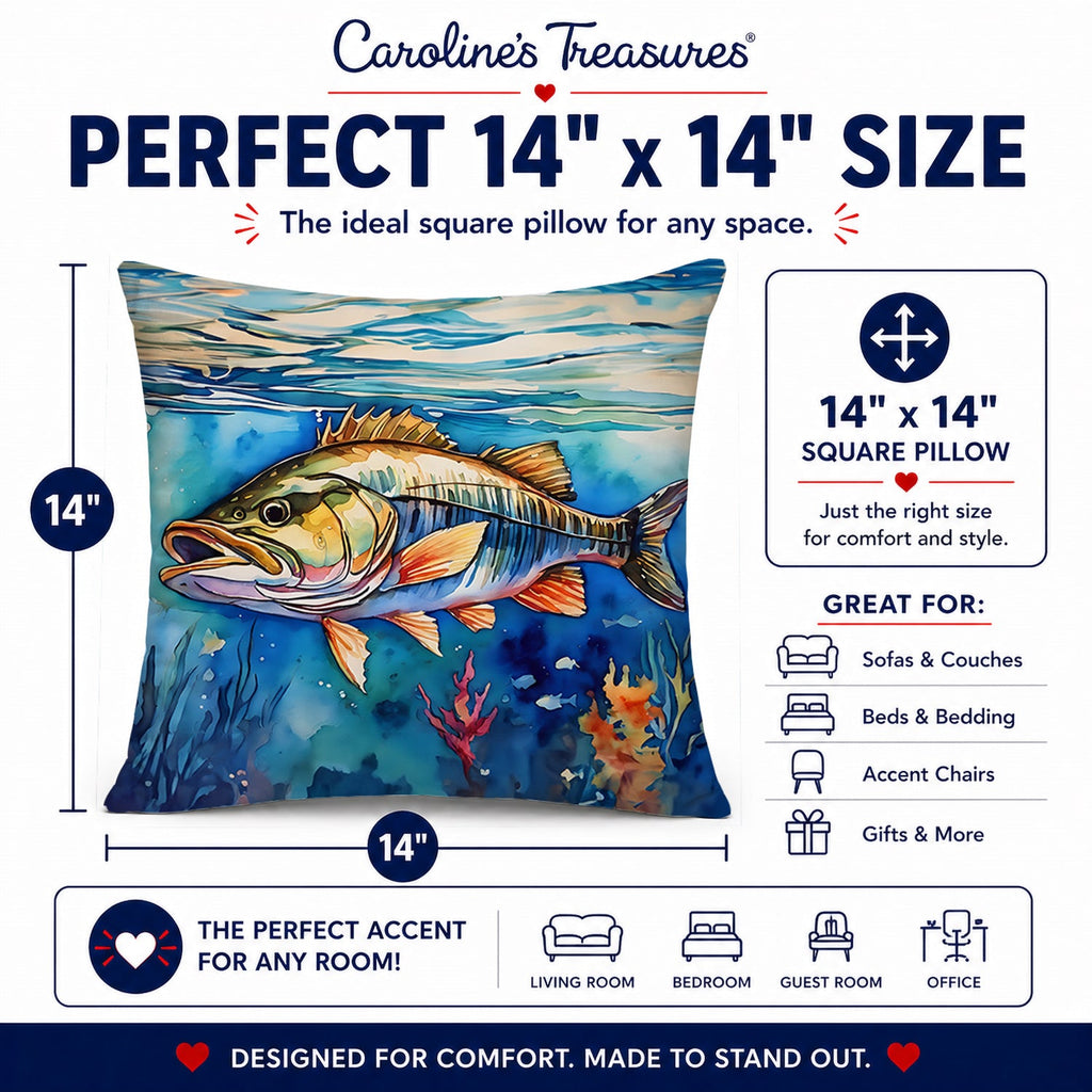 Striped Bass Decorative Throw Pillow 14x14 Indoor Outdoor Accent Cushion, Fabric Cover with Insert for Sofa, Bed, Porch & Living Room