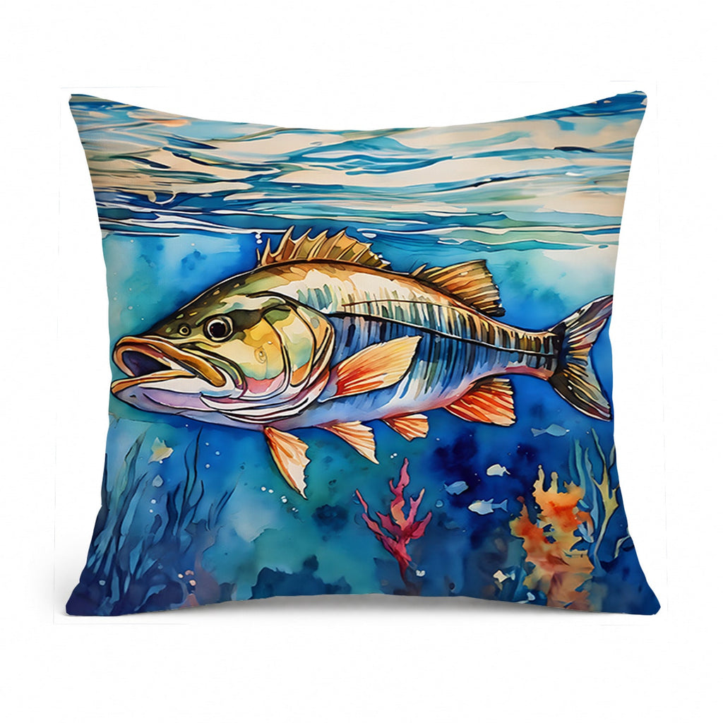 Striped Bass Decorative Throw Pillow 14x14 Indoor Outdoor Accent Cushion, Fabric Cover with Insert for Sofa, Bed, Porch & Living Room