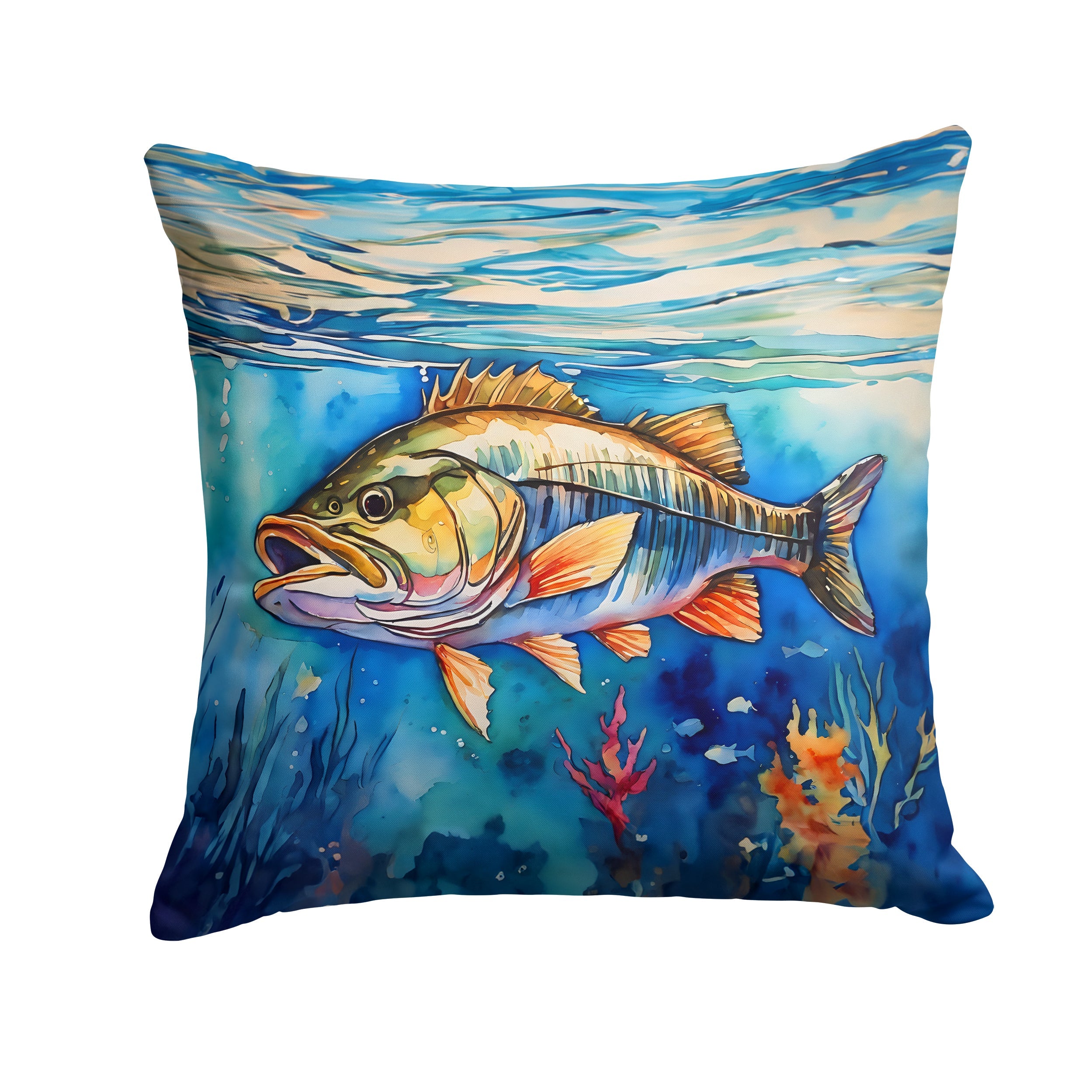 Striped Bass Decorative Throw Pillow 18x18 Indoor Outdoor Accent Cushion, Fabric Cover with Insert for Sofa, Bed, Porch & Living Room