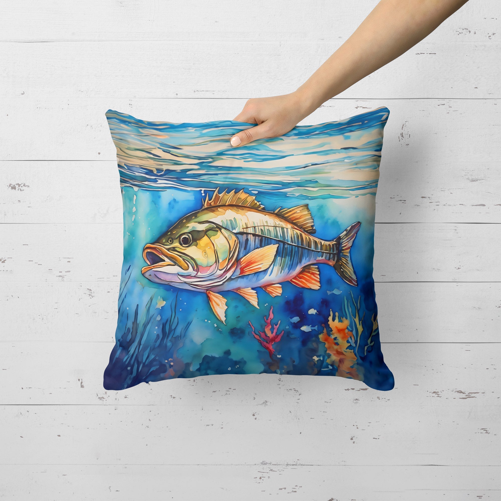 Striped Bass Decorative Throw Pillow 18x18 Indoor Outdoor Accent Cushion, Fabric Cover with Insert for Sofa, Bed, Porch & Living Room