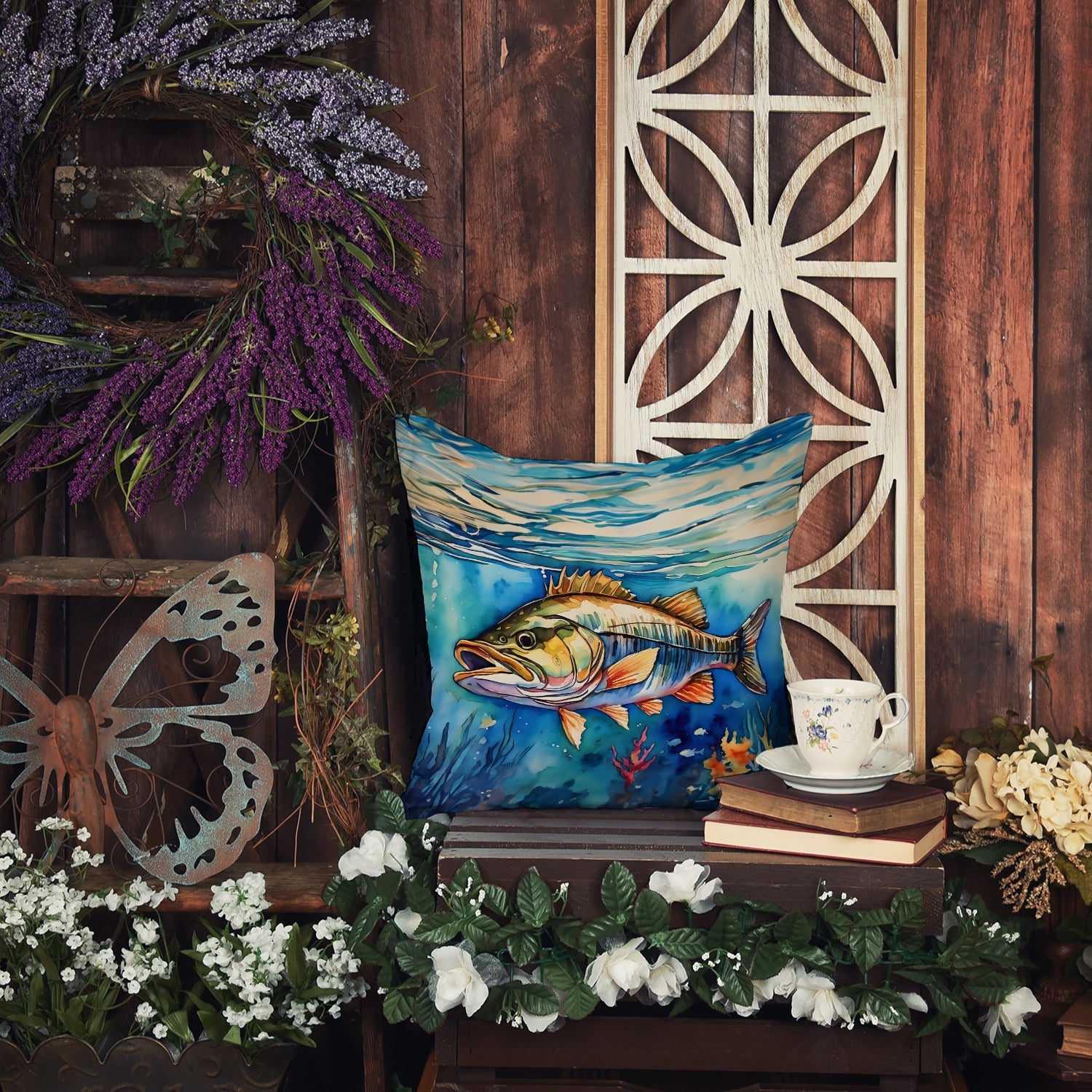 Striped Bass Decorative Throw Pillow 18x18 Indoor Outdoor Accent Cushion, Fabric Cover with Insert for Sofa, Bed, Porch & Living Room