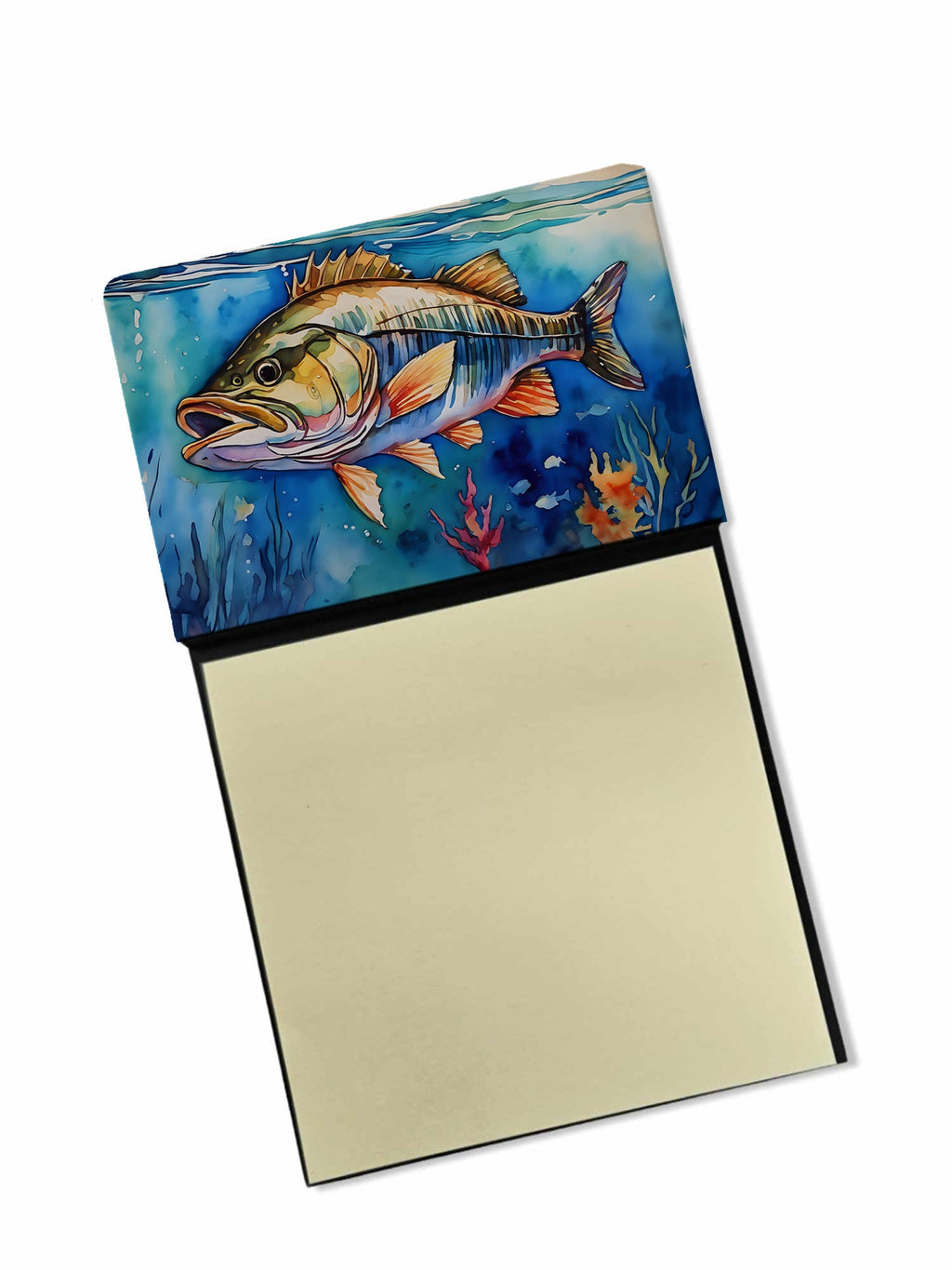 Striped Bass Watercolor Sticky Note Holder Refillable Dispenser Desk Accessory 3x3 Pad Gift