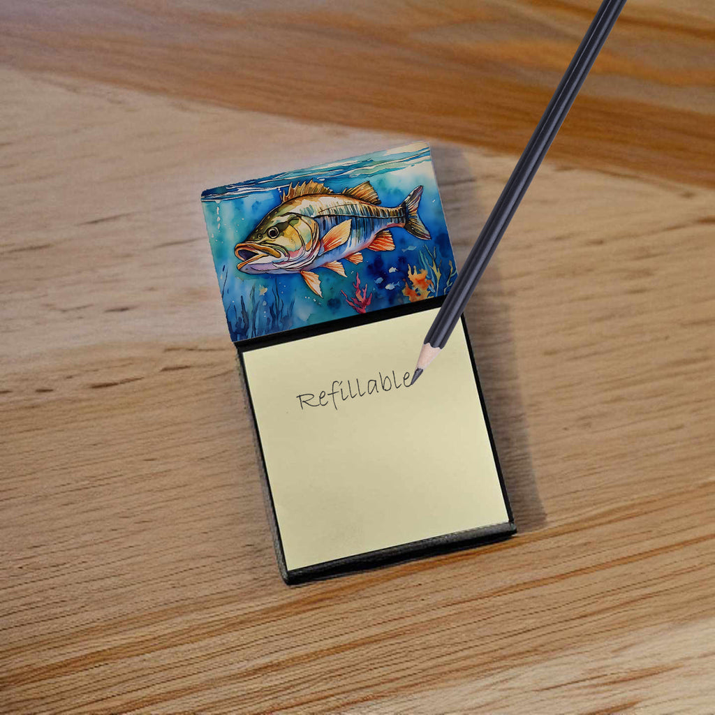Striped Bass Watercolor Sticky Note Holder Refillable Dispenser Desk Accessory 3x3 Pad Gift
