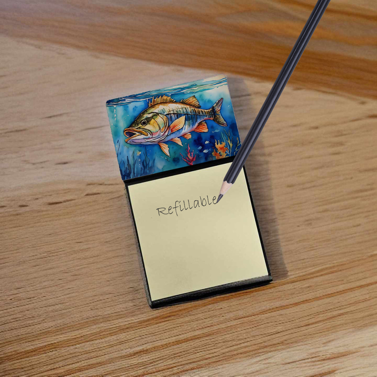 Striped Bass Watercolor Sticky Note Holder Refillable Dispenser Desk Accessory 3x3 Pad Gift
