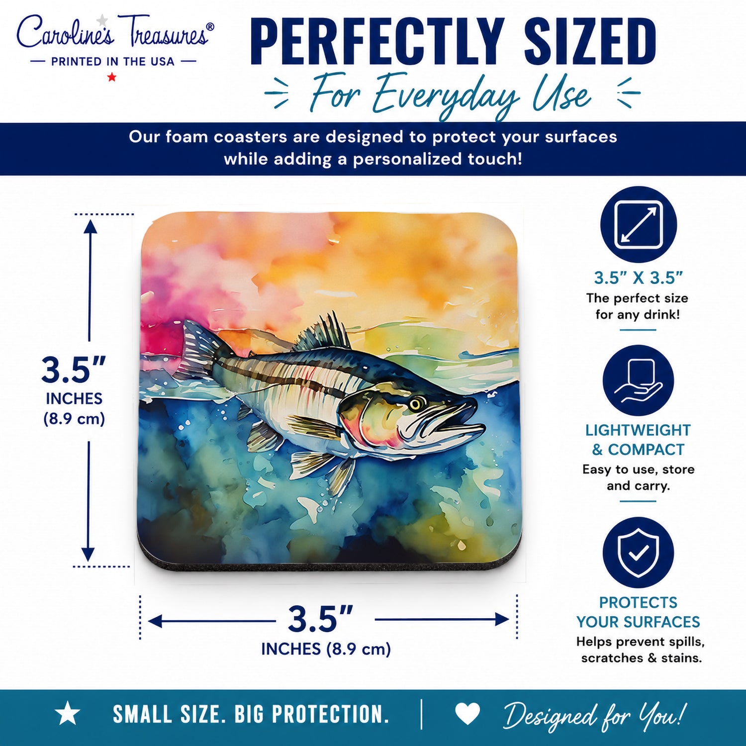 Striped Bass Foam Coasters Set of 4 Cup Coasters for Indoor Outdoor, Tabletop Protection, Anti Slip, Mouse pad Material