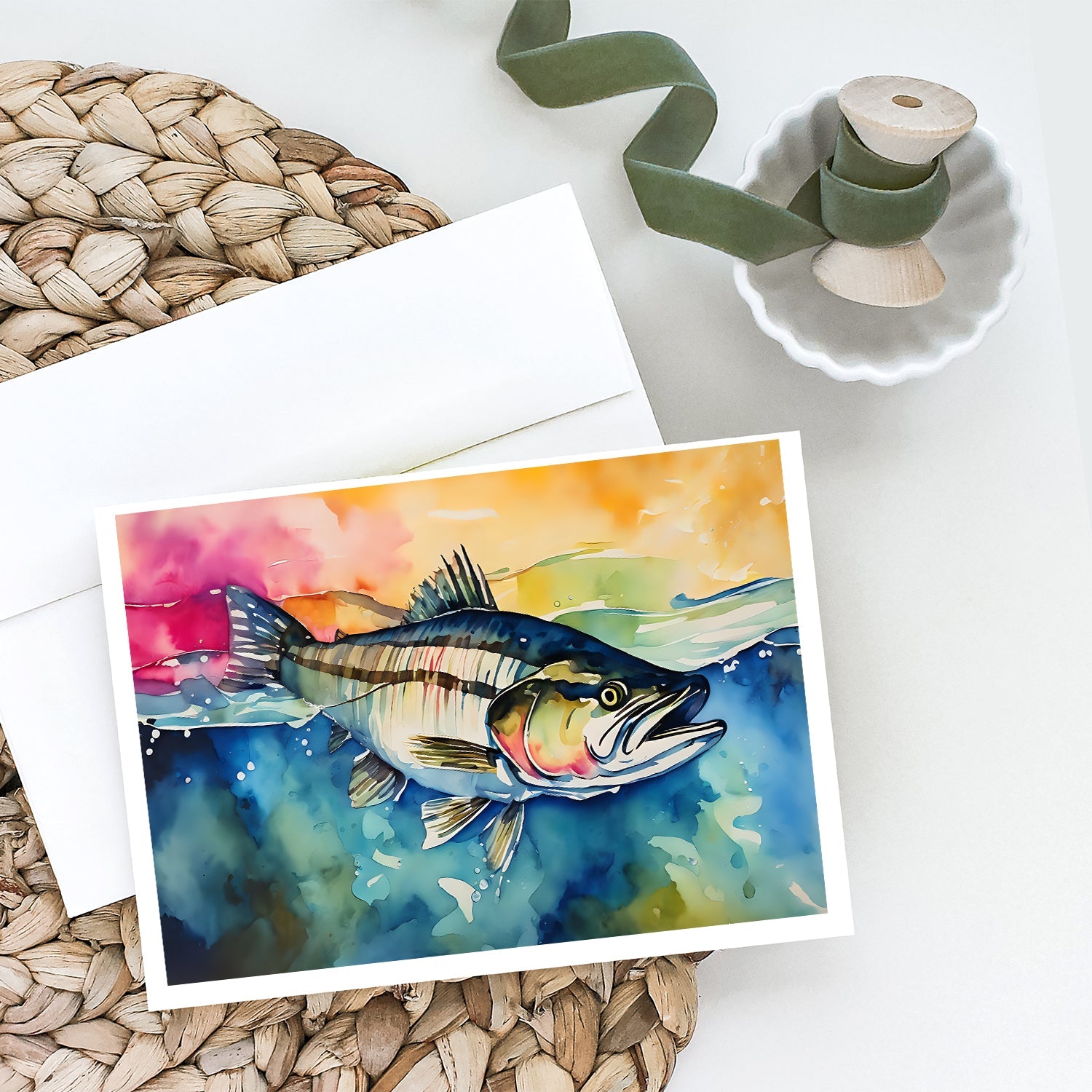 Striped Bass Greeting Cards Pack of 8 Blank Cards with Envelopes Whimsical A7 Size 5x7
